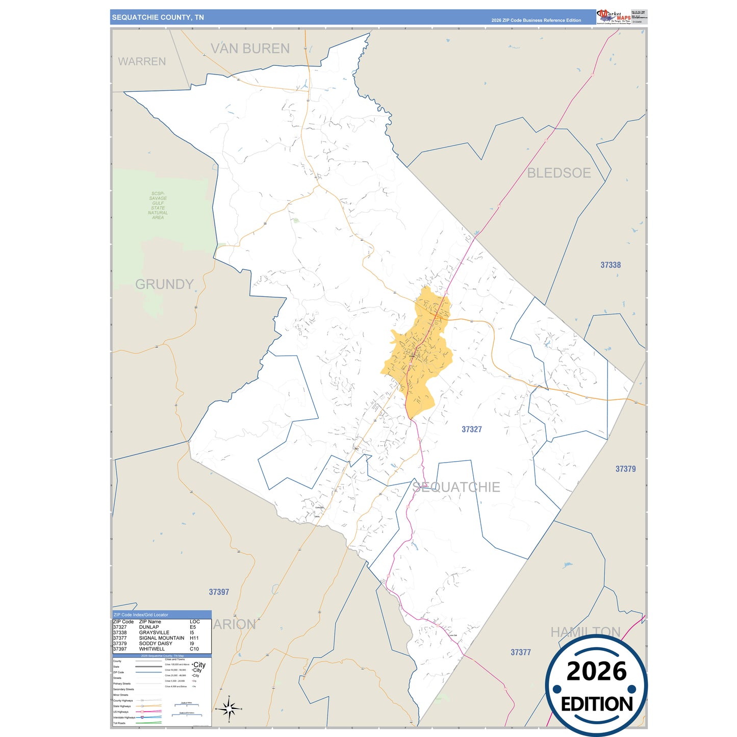 Sequatchie County, TN Business Reference 5 Digit ZIP Code Wall Map