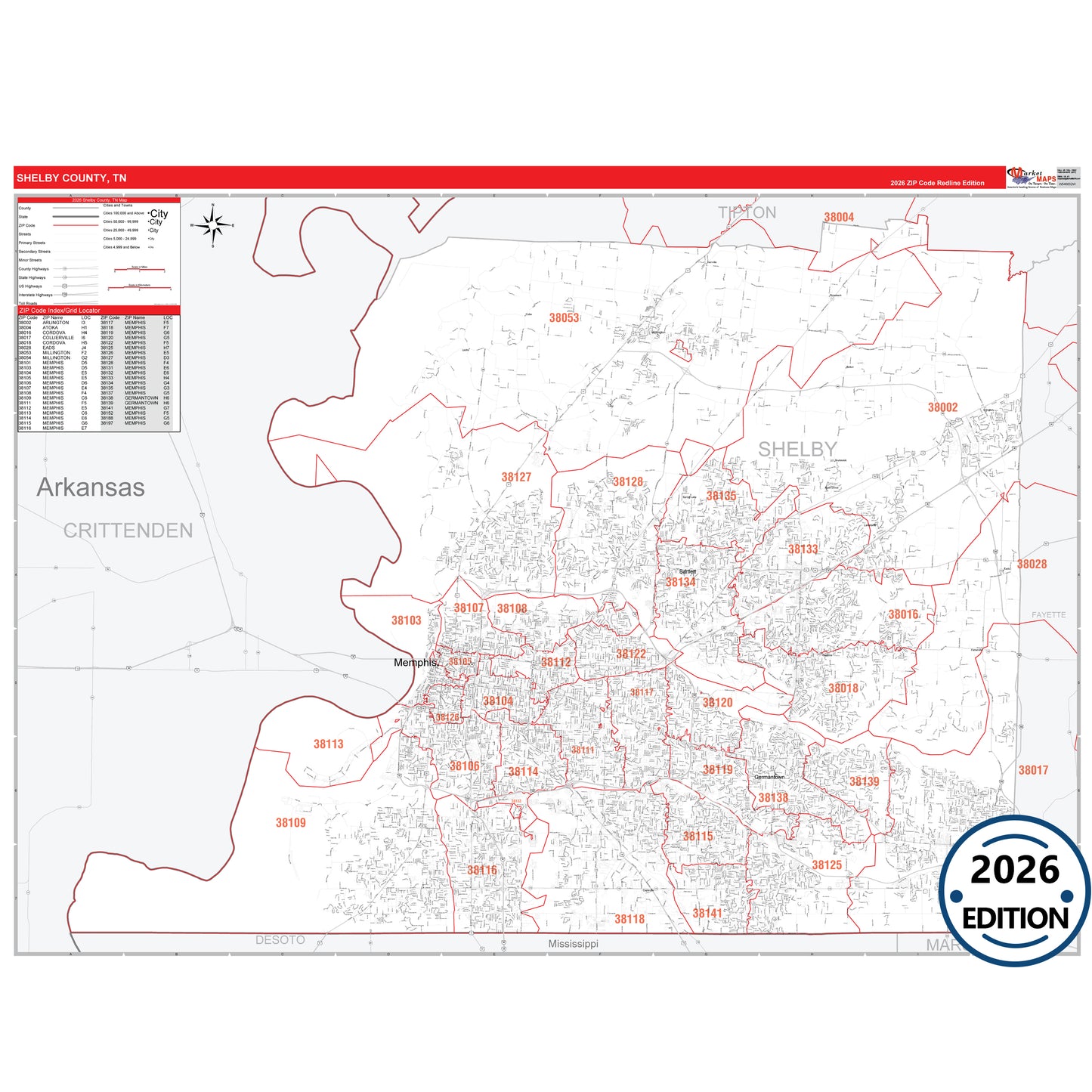 Shelby County, TN Red Line 5 Digit ZIP Code Wall Map