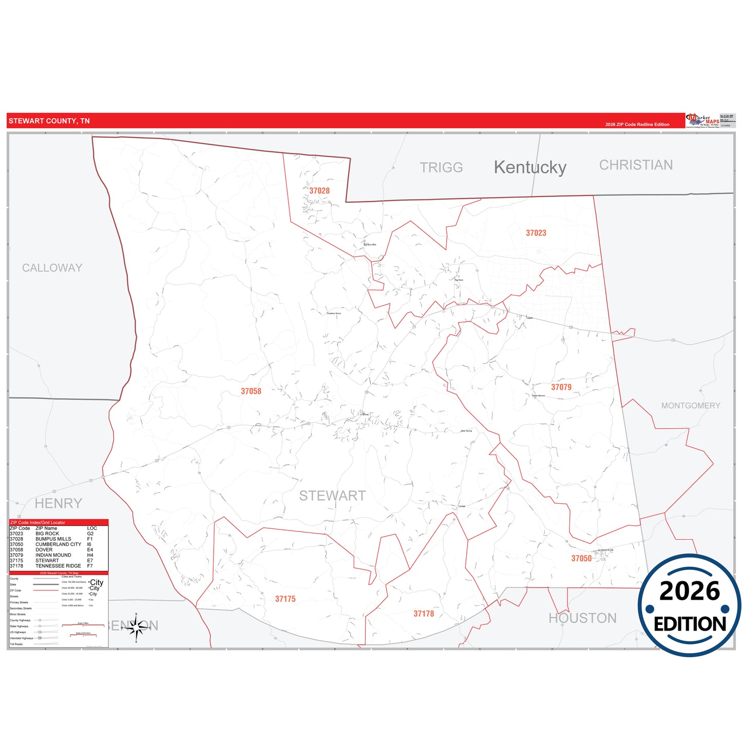 Stewart County, TN Red Line 5 Digit ZIP Code Wall Map