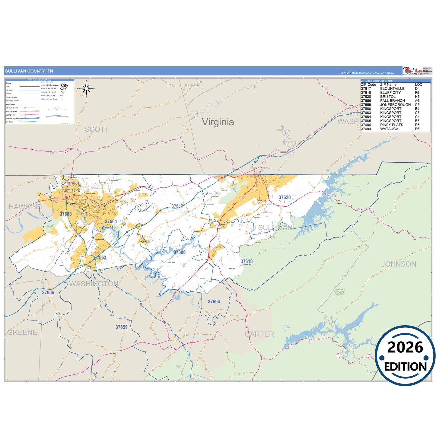 Sullivan County, TN Business Reference 5 Digit ZIP Code Wall Map