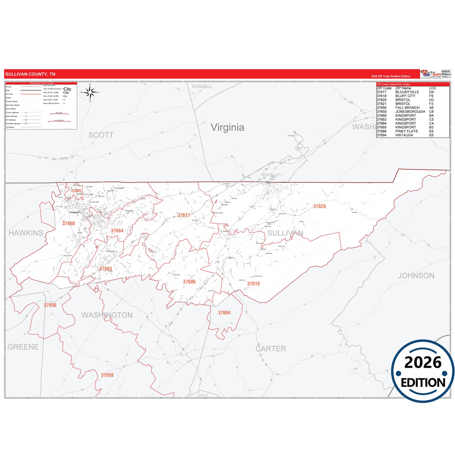 Sullivan County, TN Red Line 5 Digit ZIP Code Wall Map