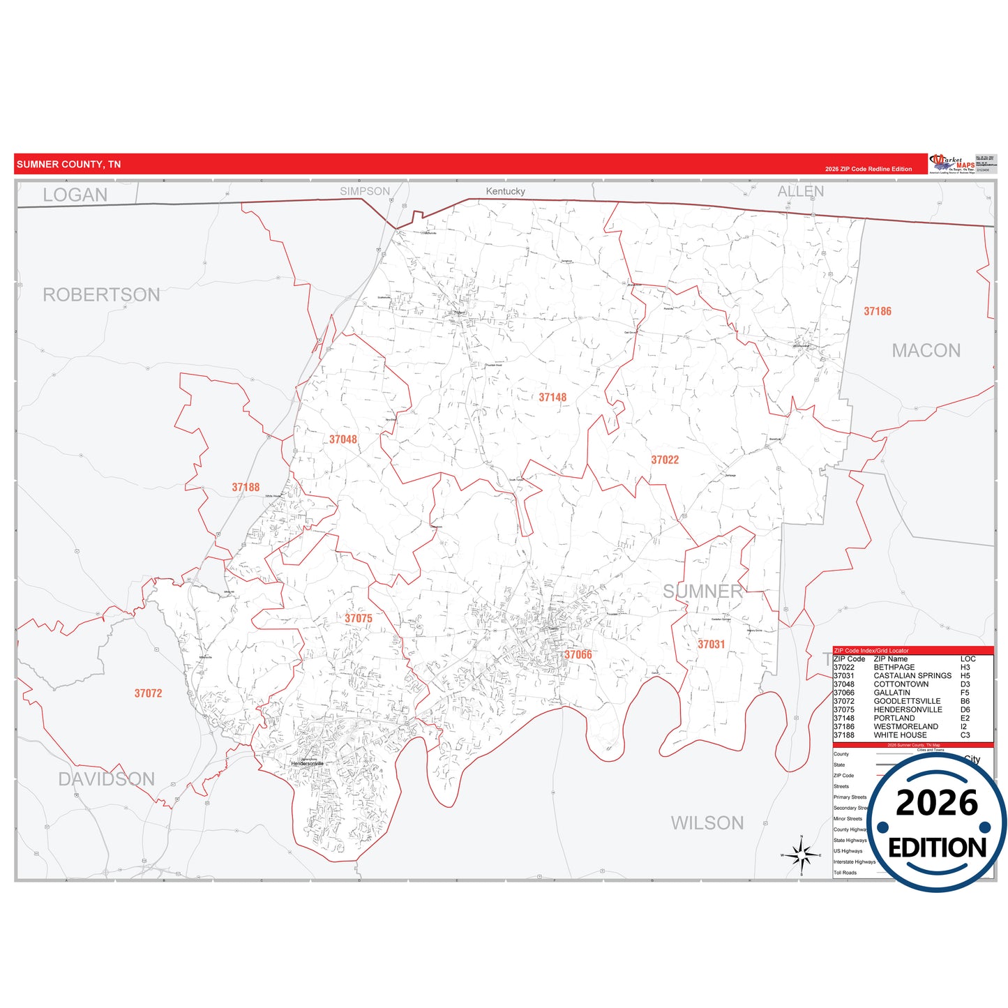 Sumner County, TN Red Line 5 Digit ZIP Code Wall Map