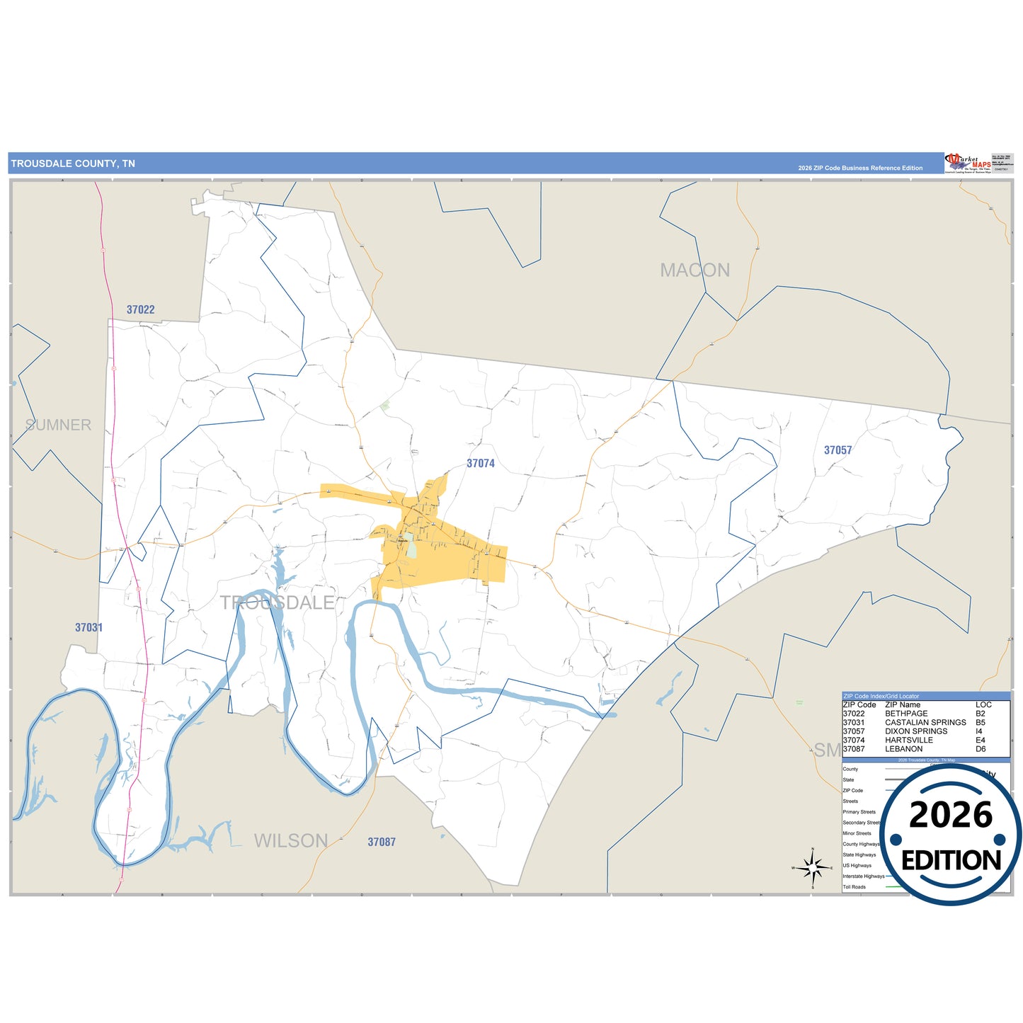 Trousdale County, TN Business Reference 5 Digit ZIP Code Wall Map
