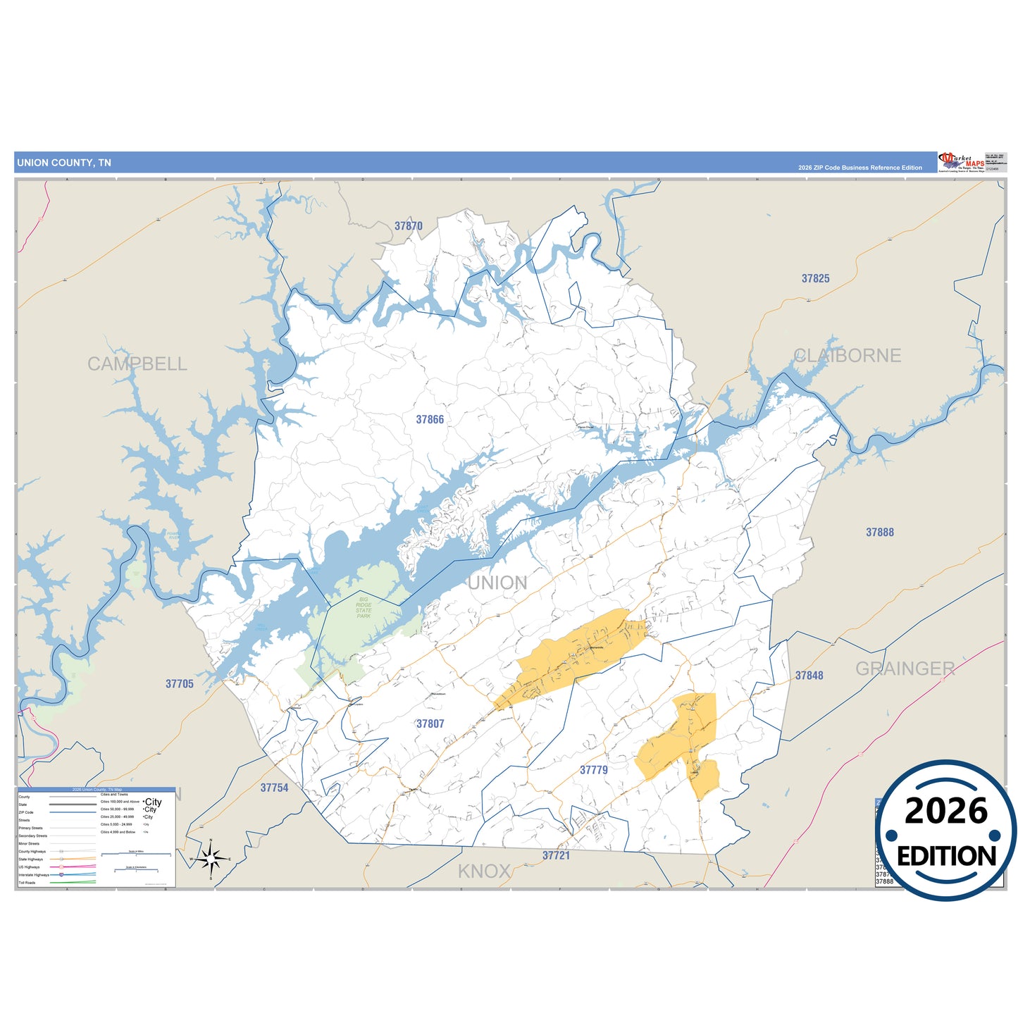 Union County, TN Business Reference 5 Digit ZIP Code Wall Map
