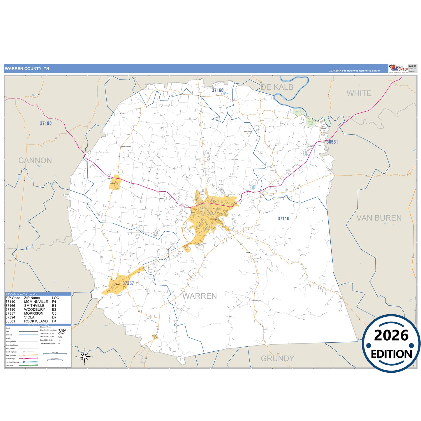 Warren County, TN Business Reference 5 Digit ZIP Code Wall Map