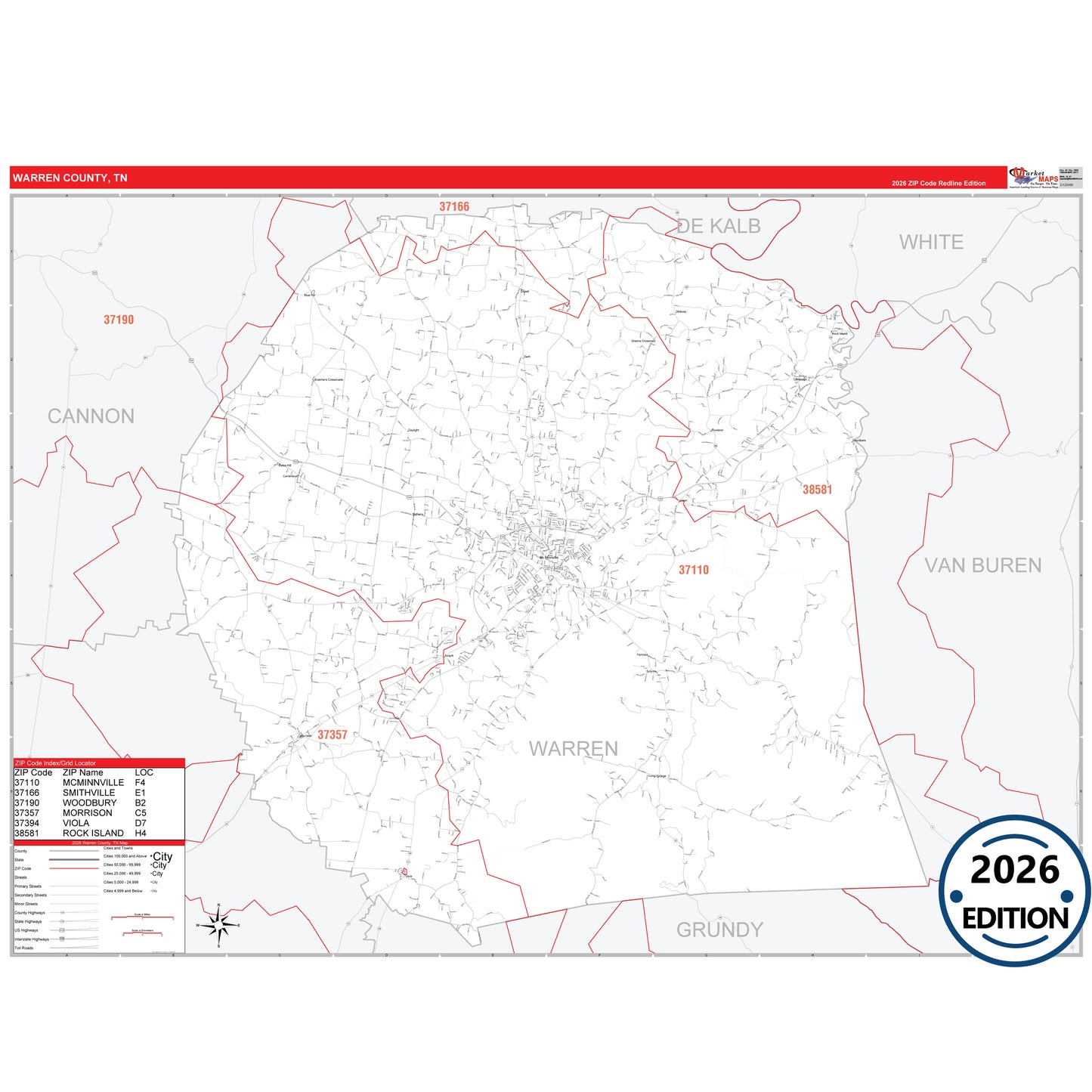 Warren County, TN Red Line 5 Digit ZIP Code Wall Map
