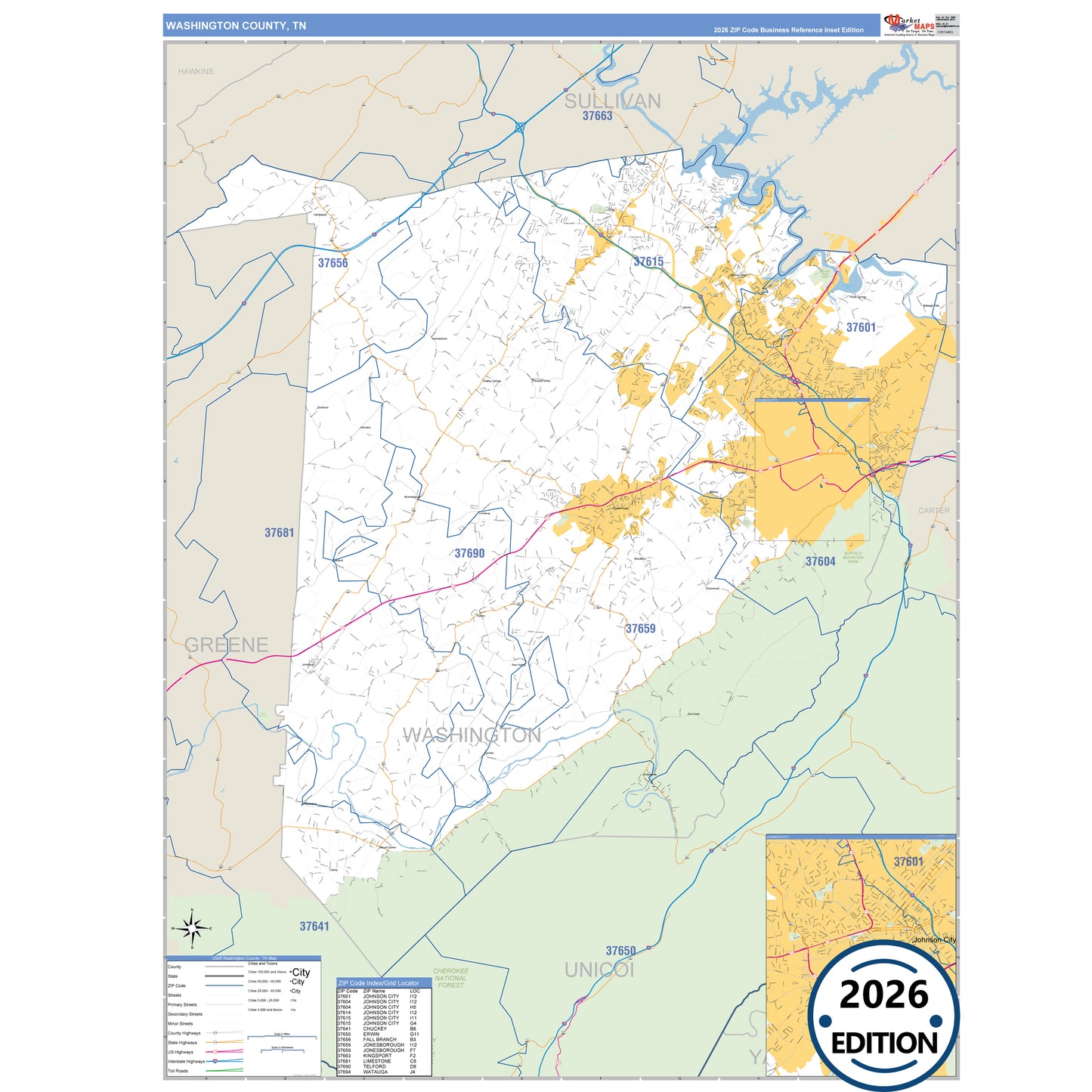 Washington County, TN Business Reference 5 Digit ZIP Code Wall Map