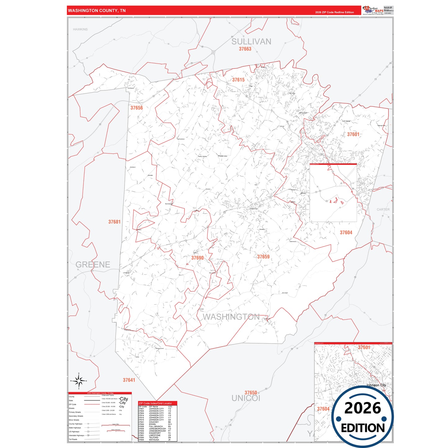 Washington County, TN Red Line 5 Digit ZIP Code Wall Map