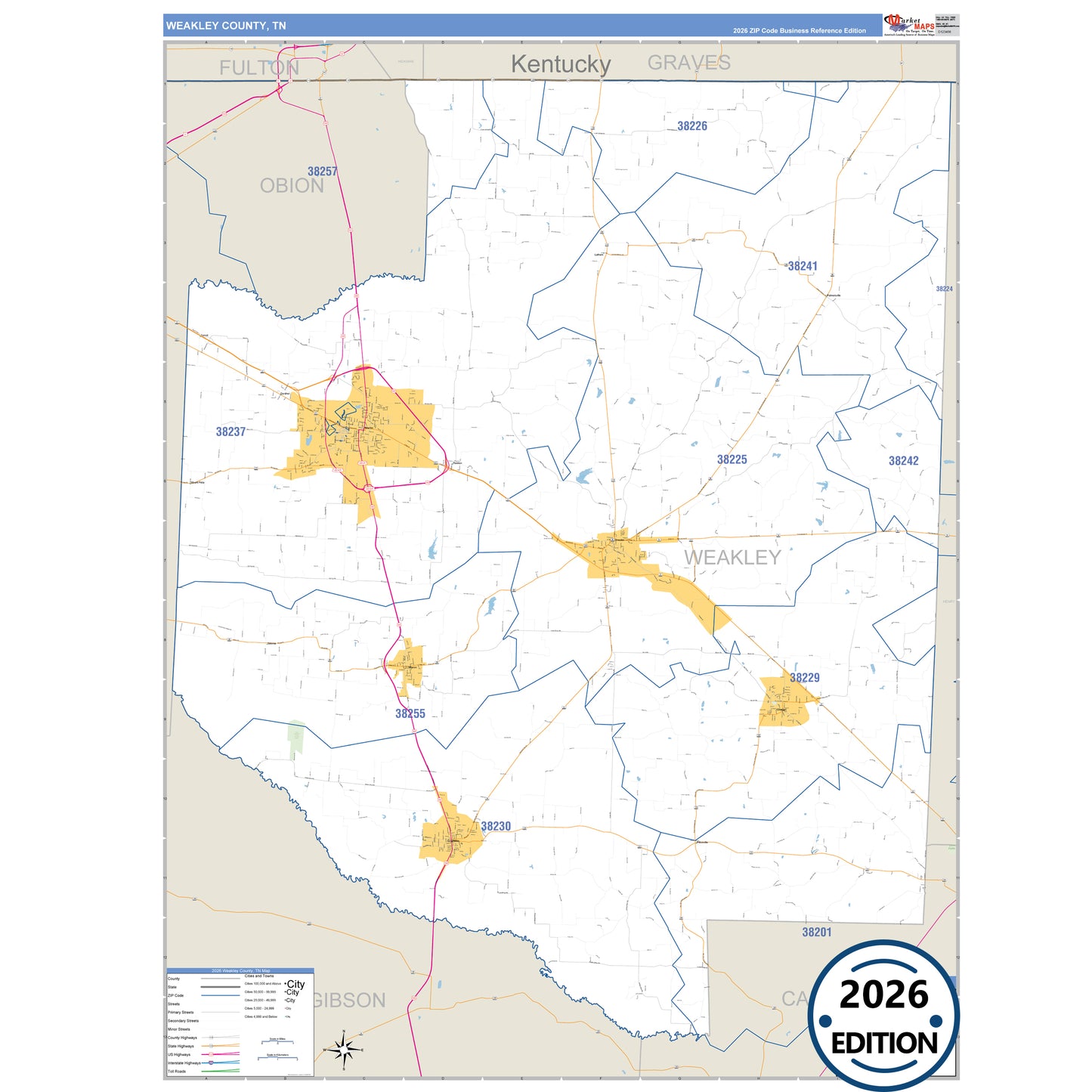 Weakley County, TN Business Reference 5 Digit ZIP Code Wall Map