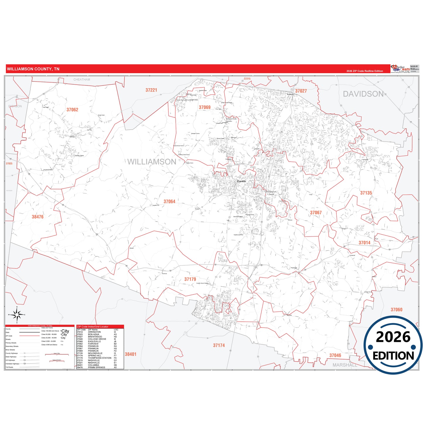Williamson County, TN Red Line 5 Digit ZIP Code Wall Map