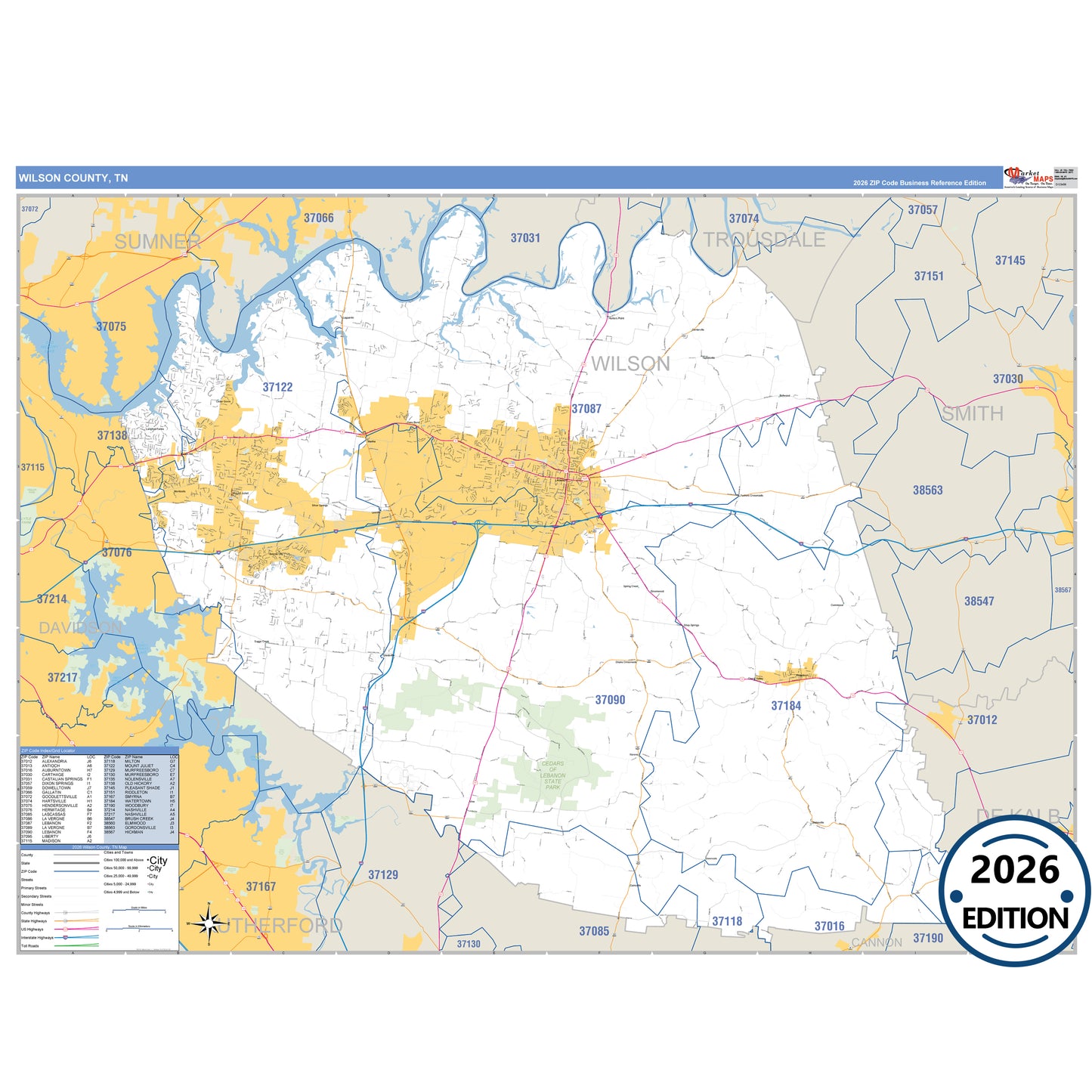 Wilson County, TN Business Reference 5 Digit ZIP Code Wall Map