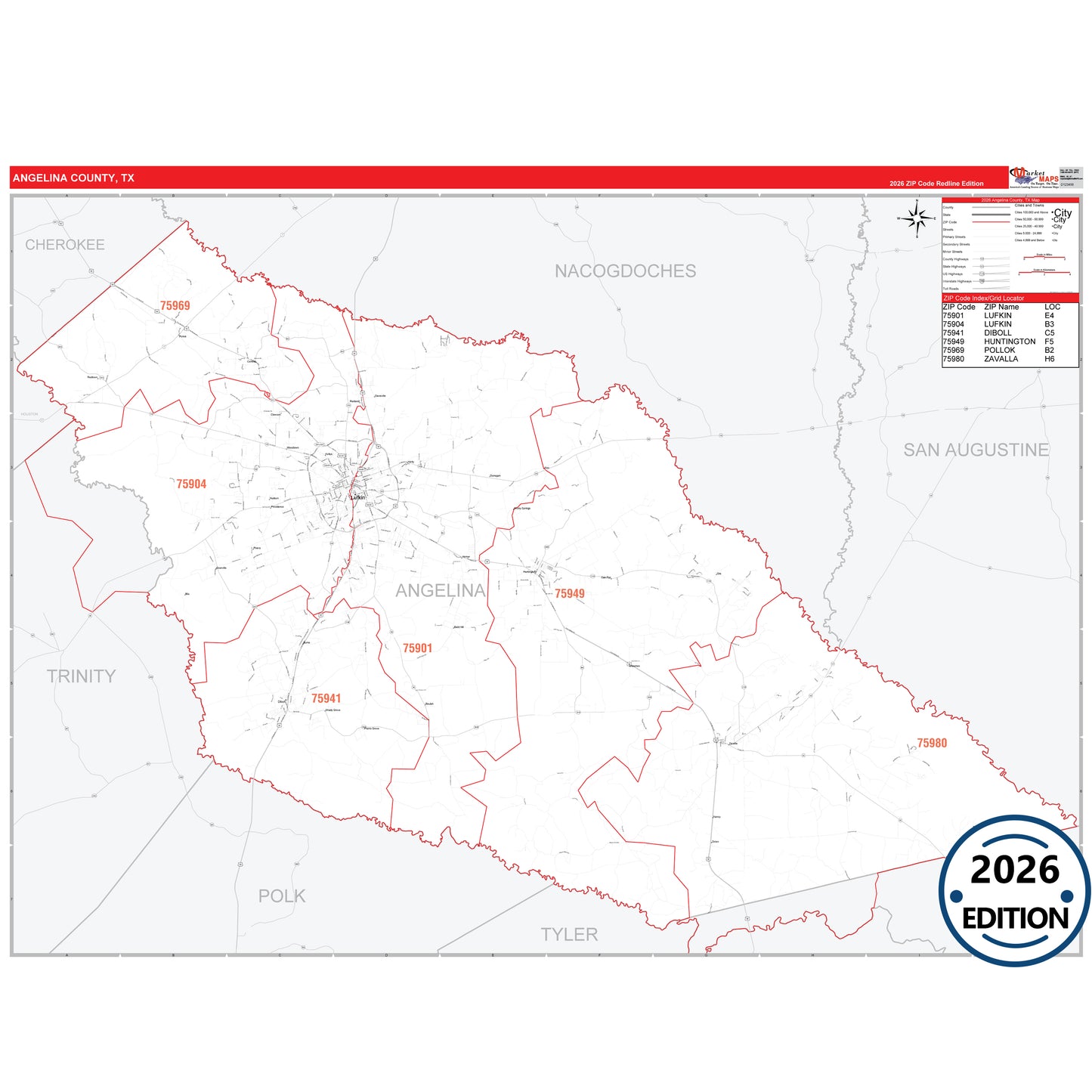 Angelina County, TX Red Line 5 Digit ZIP Code Wall Map