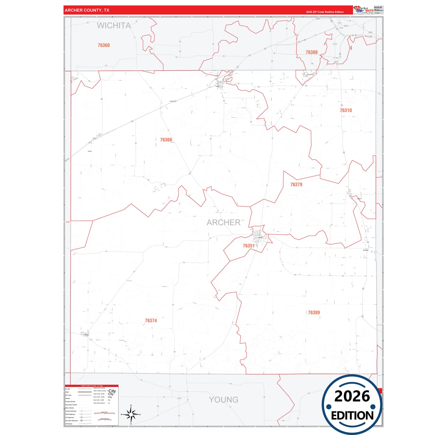Archer County, TX Red Line 5 Digit ZIP Code Wall Map