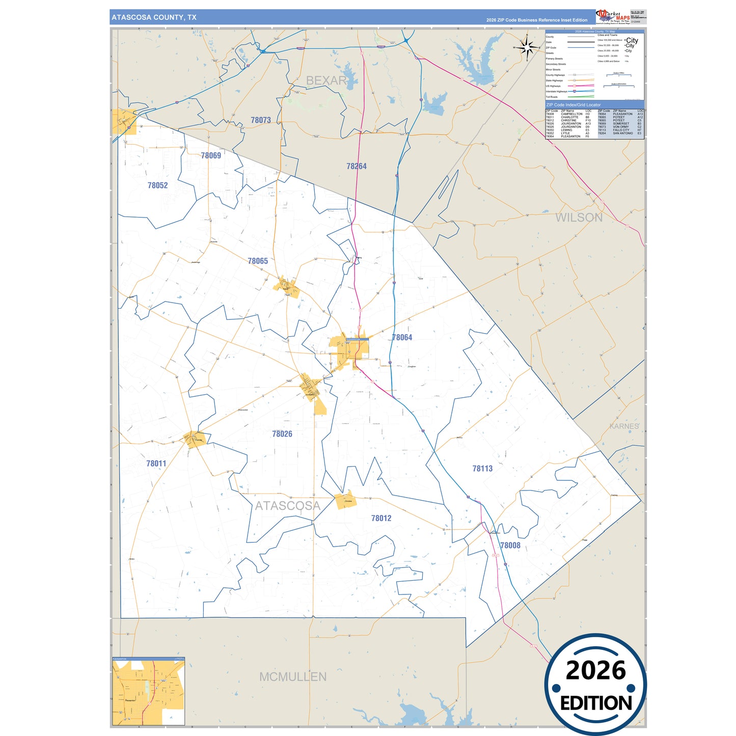 Atascosa County, TX Business Reference 5 Digit ZIP Code Wall Map