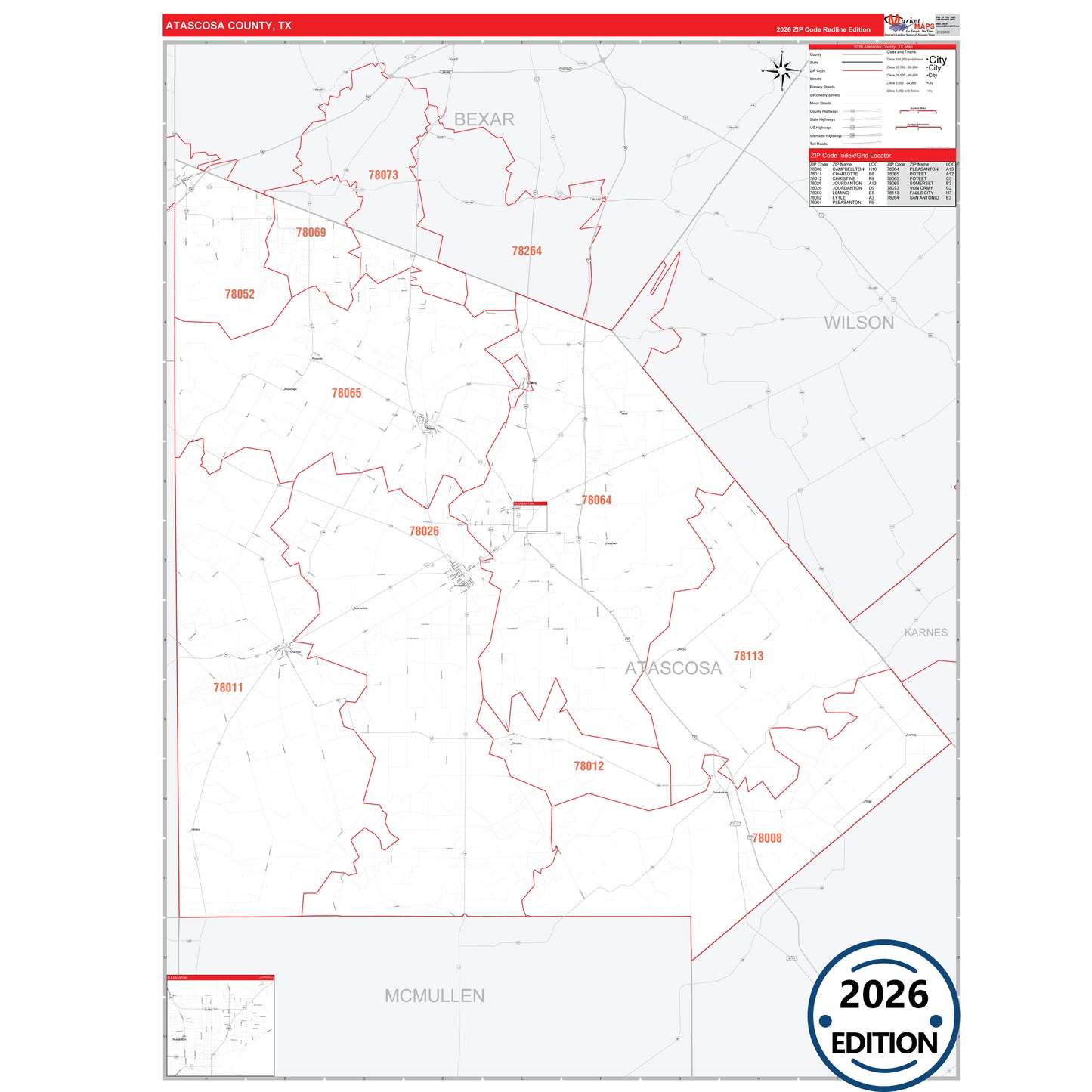 Atascosa County, TX Red Line 5 Digit ZIP Code Wall Map