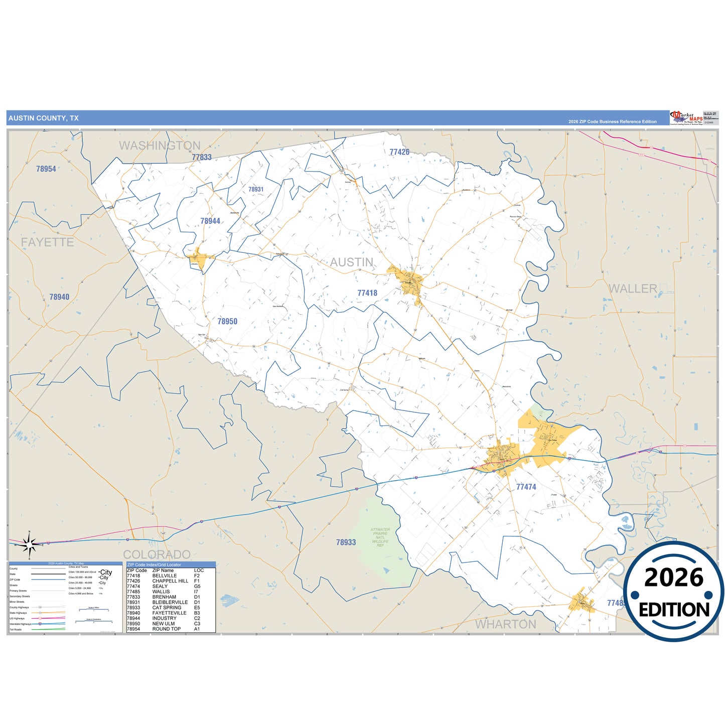 Austin County, TX Business Reference 5 Digit ZIP Code Wall Map