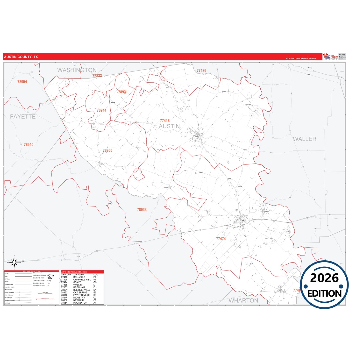 Austin County, TX Red Line 5 Digit ZIP Code Wall Map