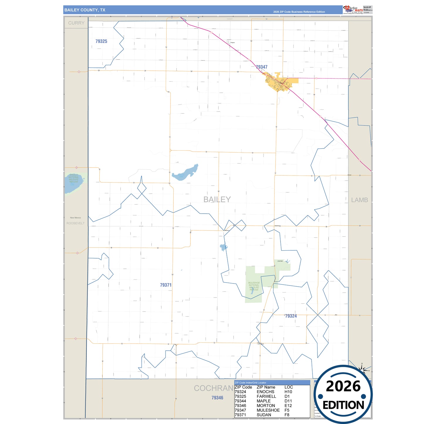 Bailey County, TX Business Reference 5 Digit ZIP Code Wall Map