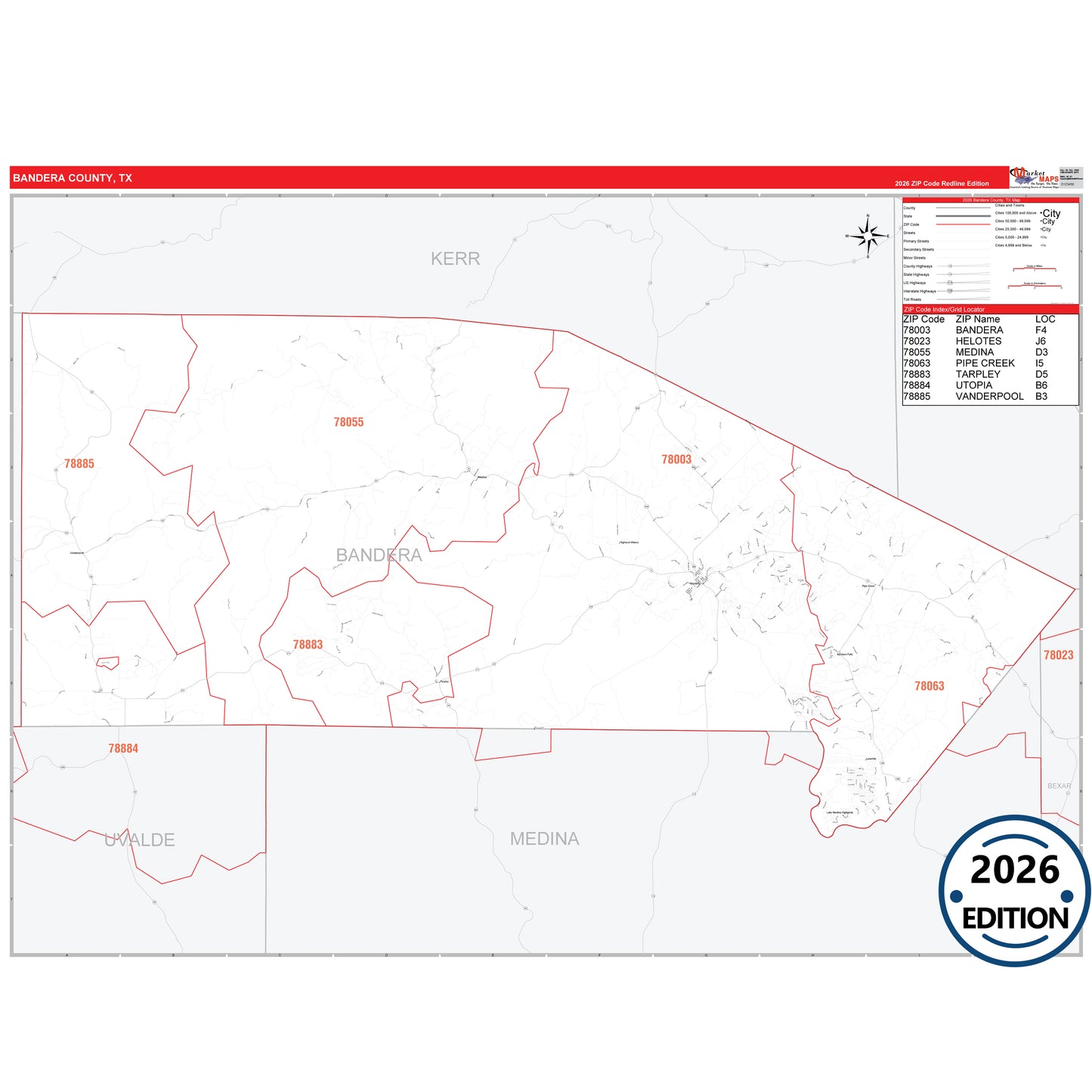 Bandera County, TX Red Line 5 Digit ZIP Code Wall Map