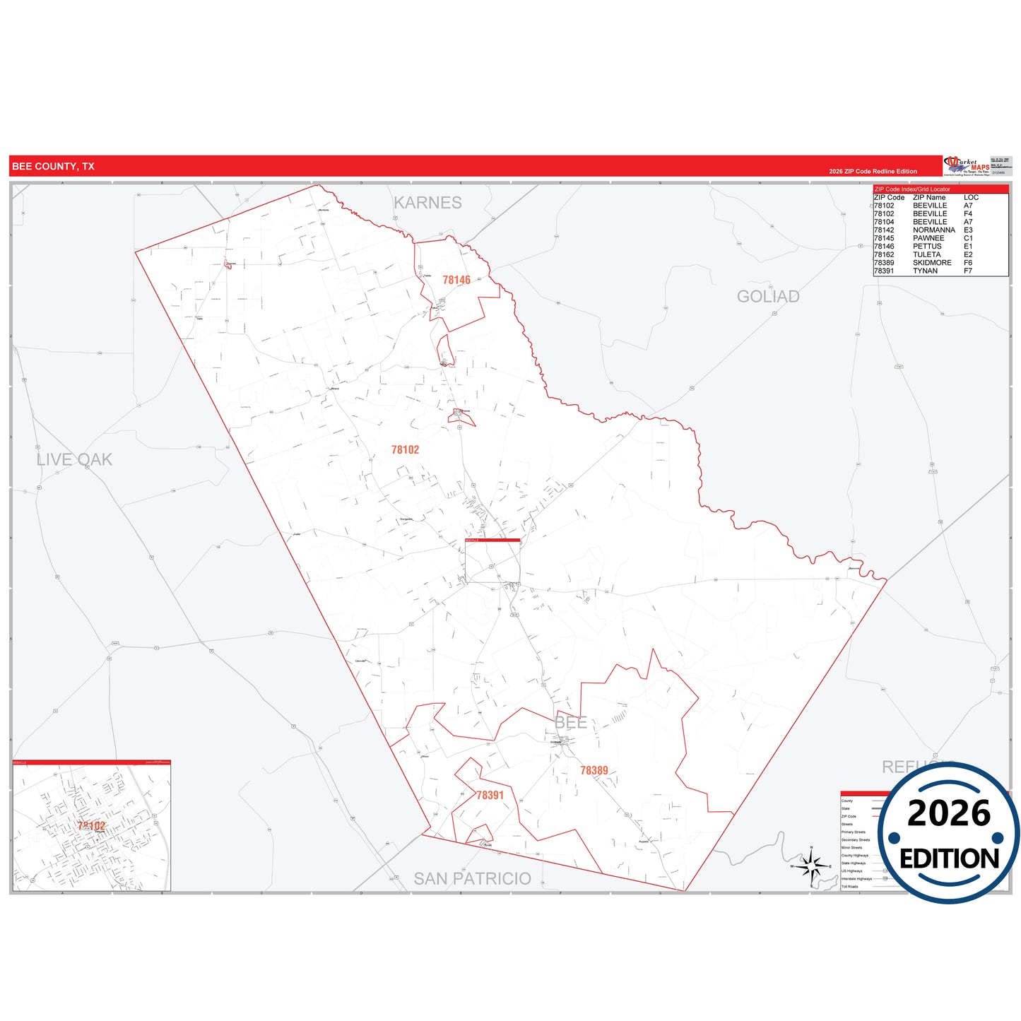Bee County, TX Red Line 5 Digit ZIP Code Wall Map