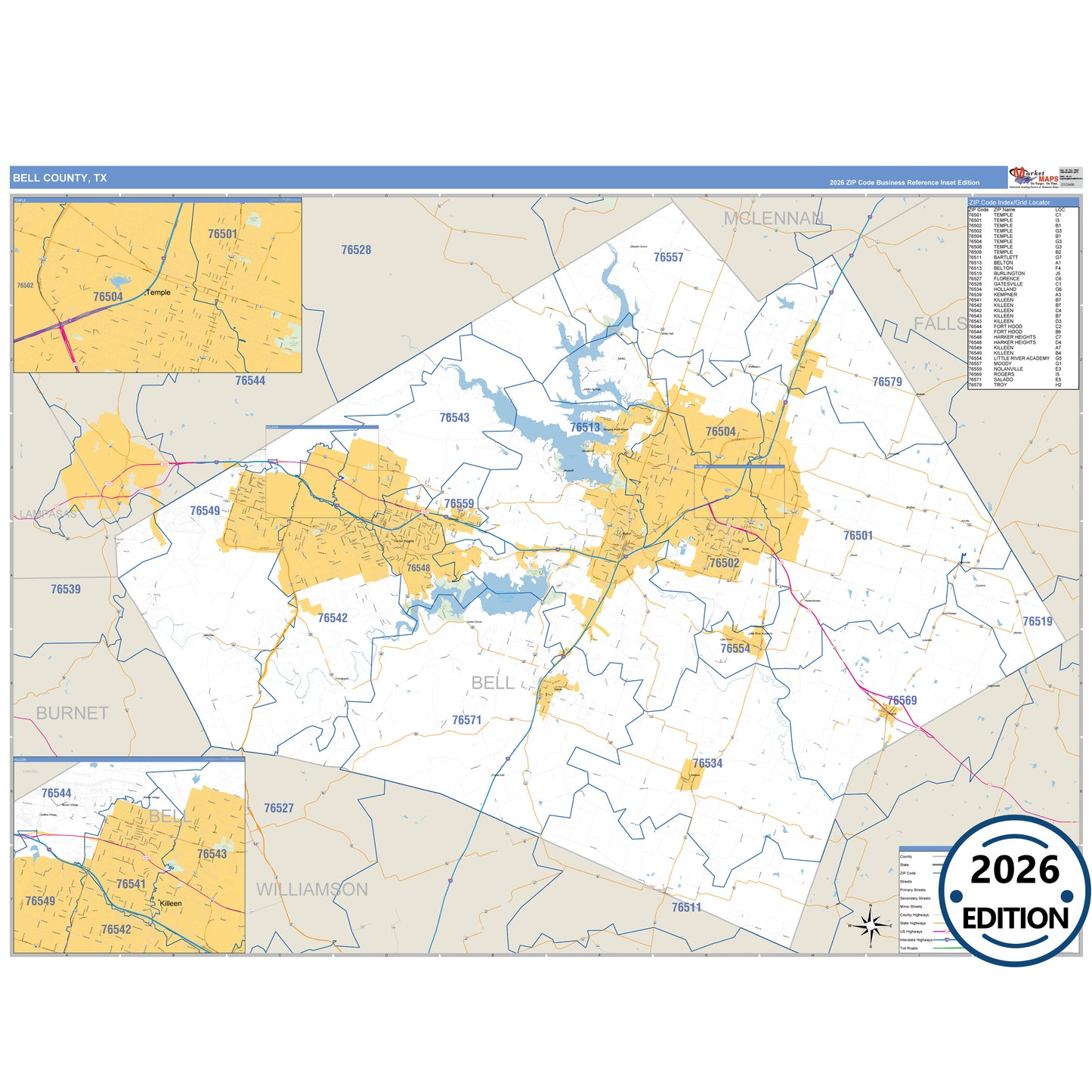 Bell County, TX Business Reference 5 Digit ZIP Code Wall Map