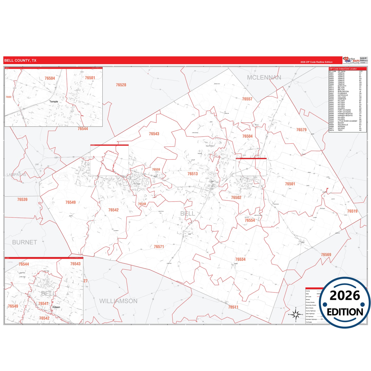 Bell County, TX Red Line 5 Digit ZIP Code Wall Map