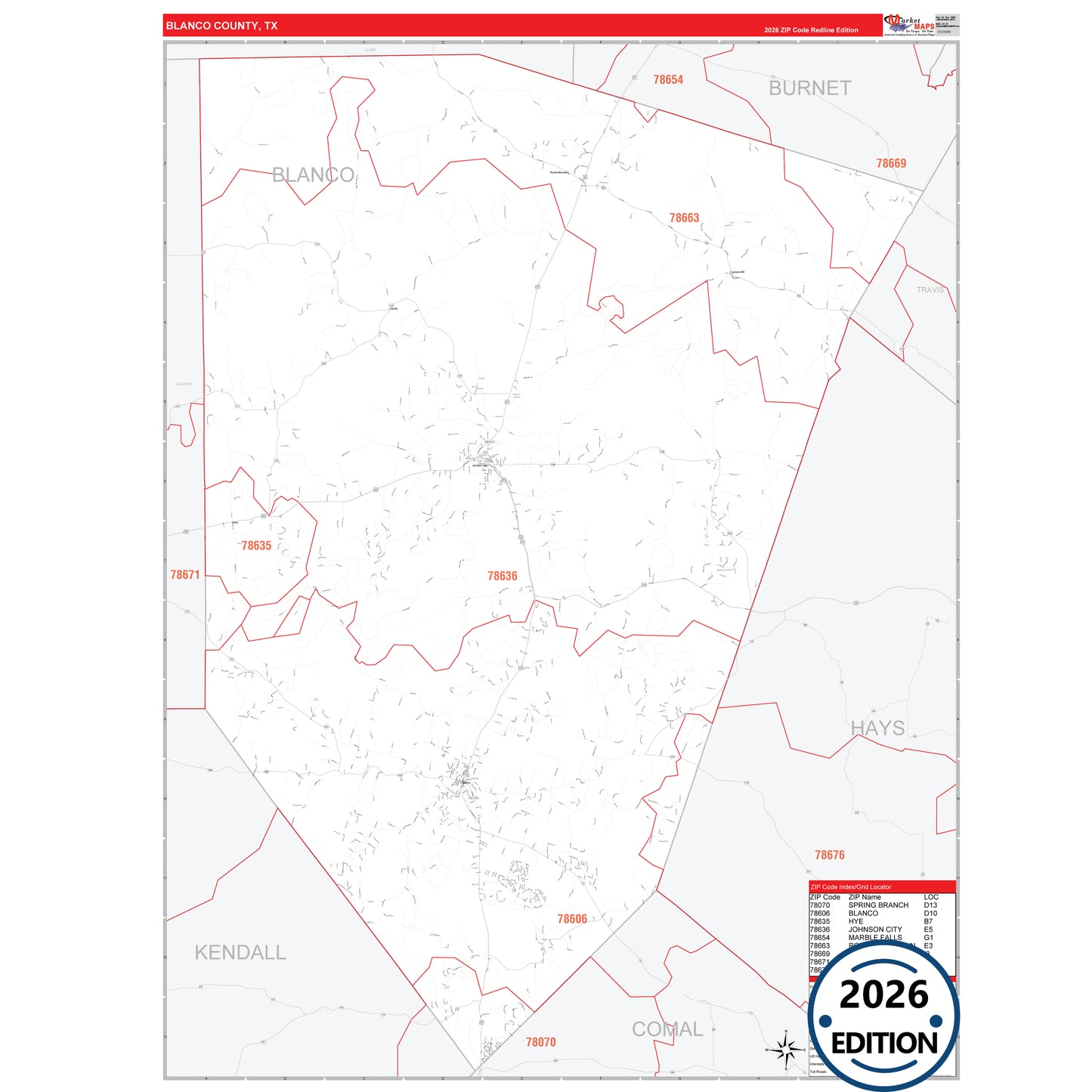 Blanco County, TX Red Line 5 Digit ZIP Code Wall Map