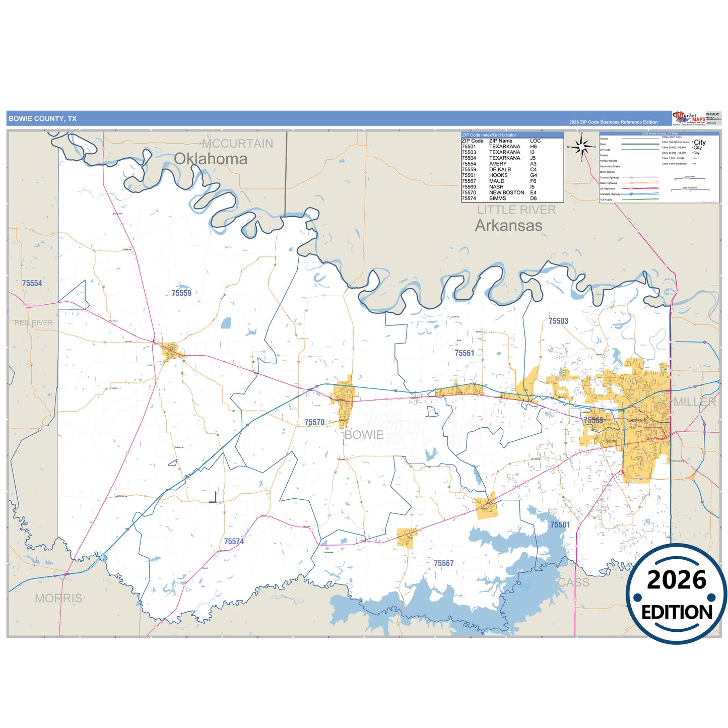 Bowie County, TX Business Reference 5 Digit ZIP Code Wall Map