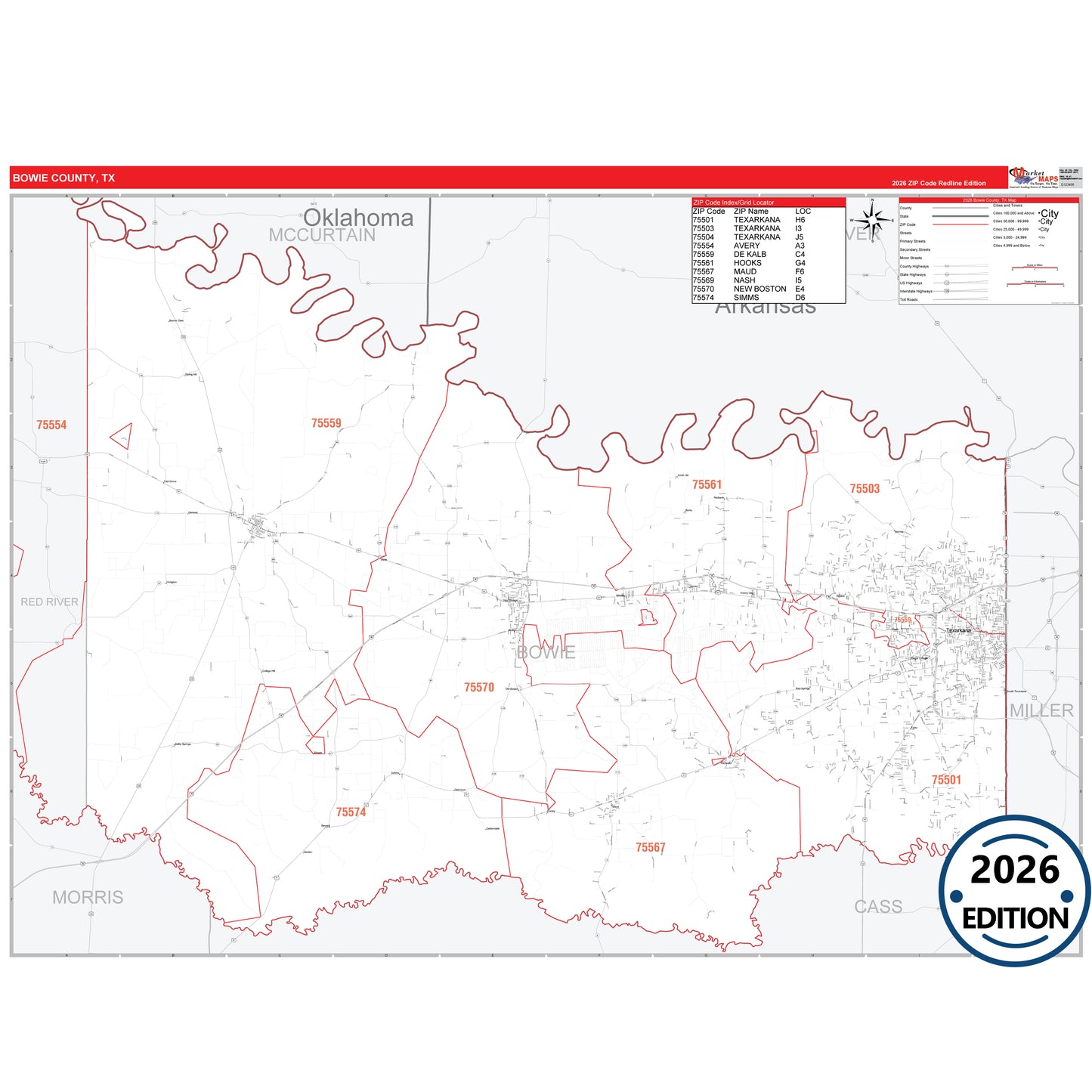 Bowie County, TX Red Line 5 Digit ZIP Code Wall Map