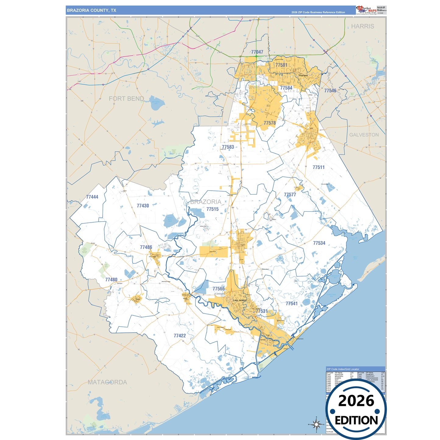 Brazoria County, TX Business Reference 5 Digit ZIP Code Wall Map