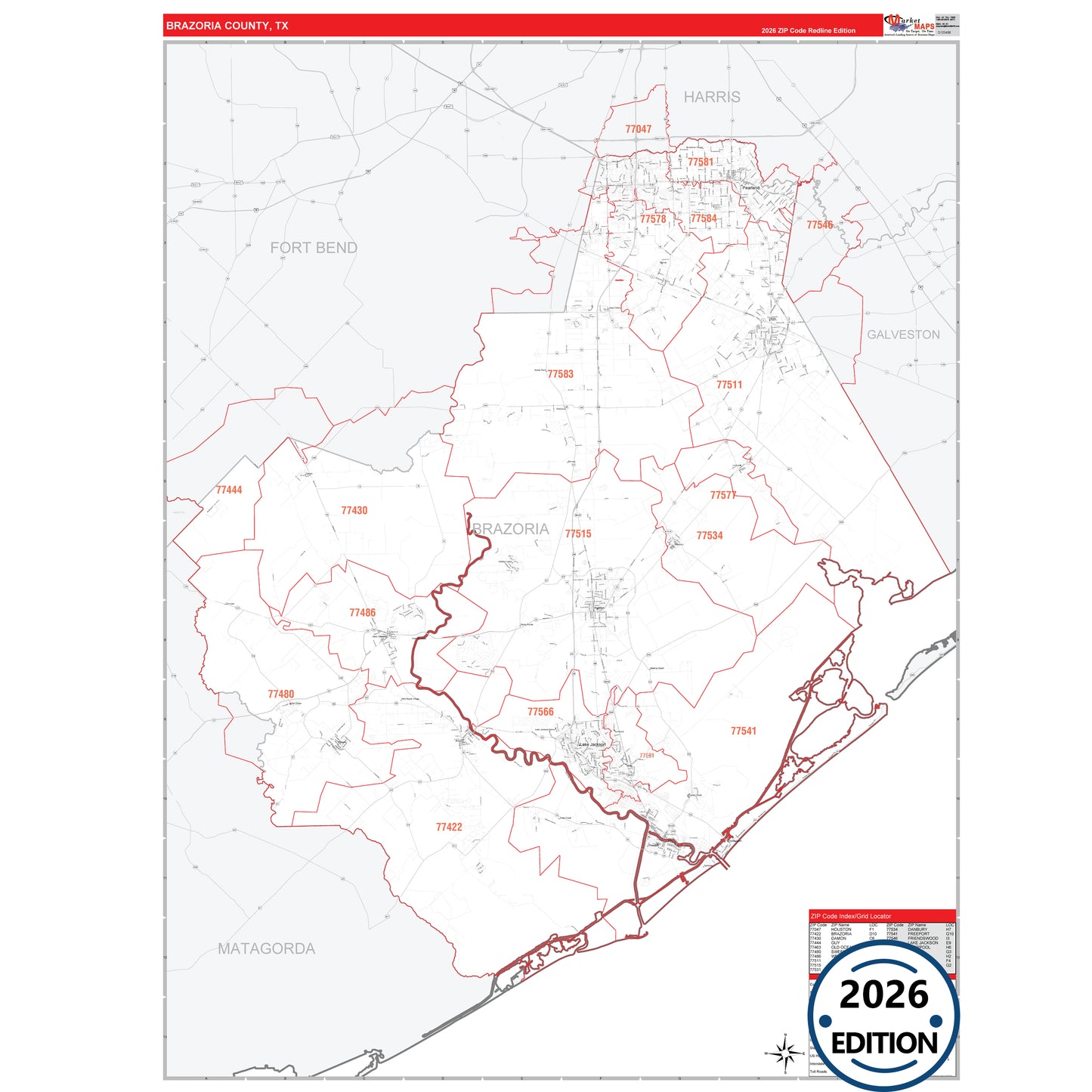 Brazoria County, TX Red Line 5 Digit ZIP Code Wall Map