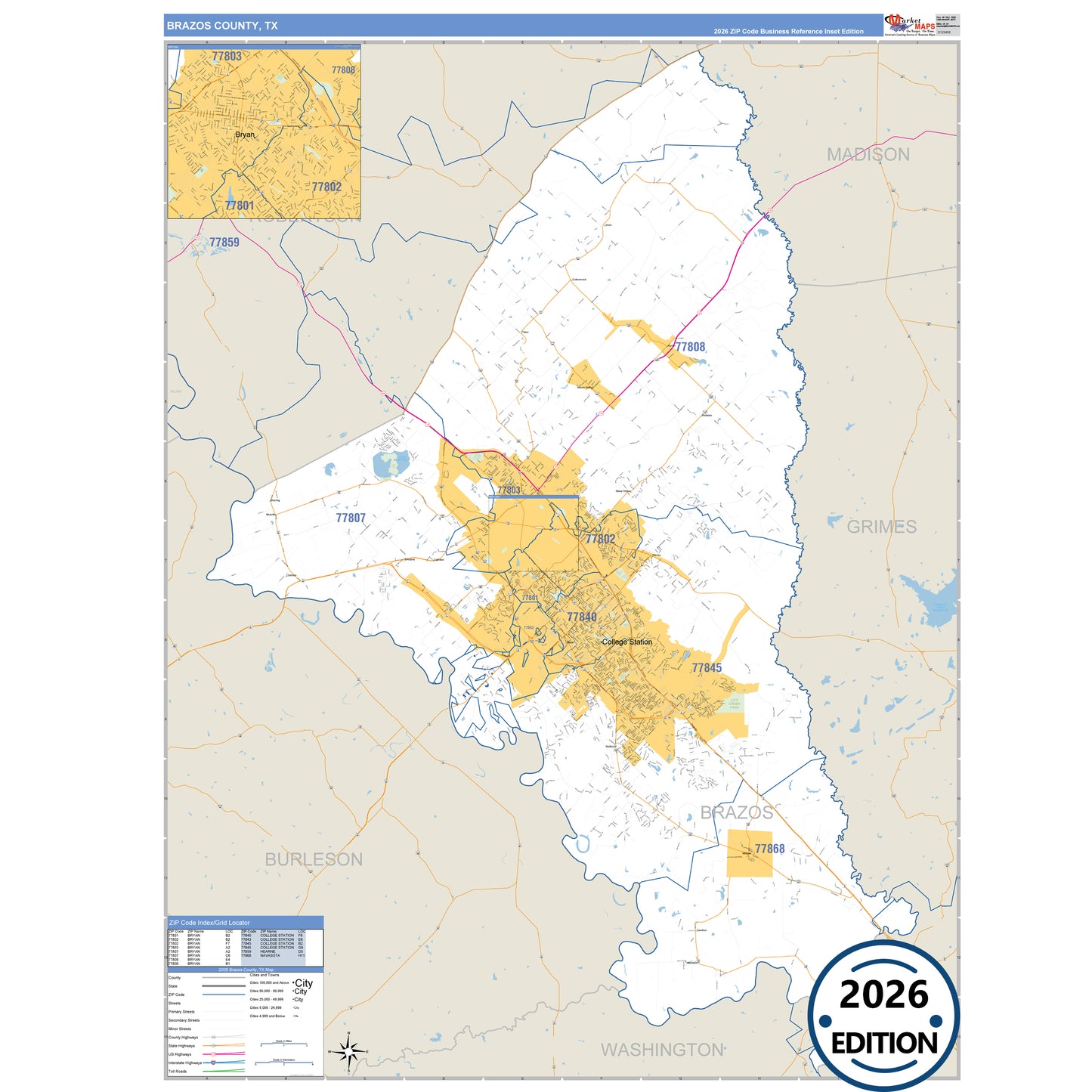 Brazos County, TX Business Reference 5 Digit ZIP Code Wall Map