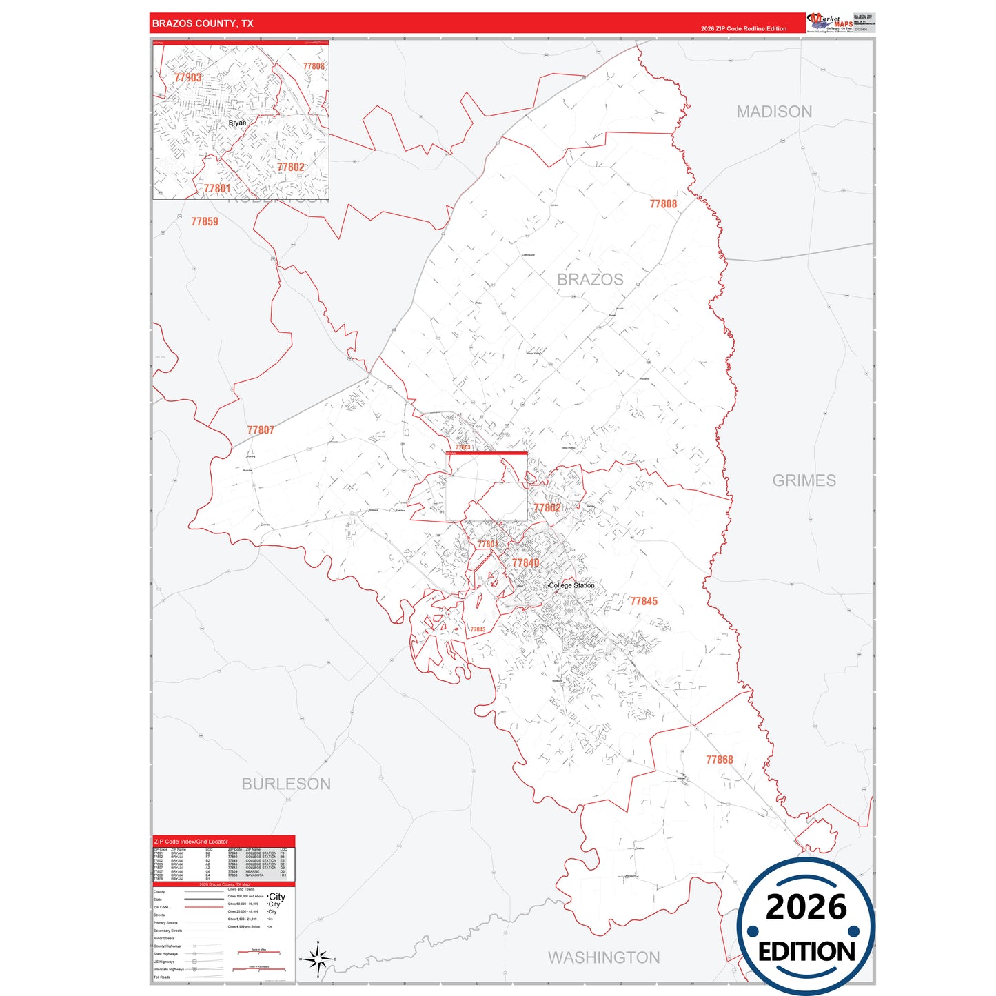 Brazos County, TX Red Line 5 Digit ZIP Code Wall Map