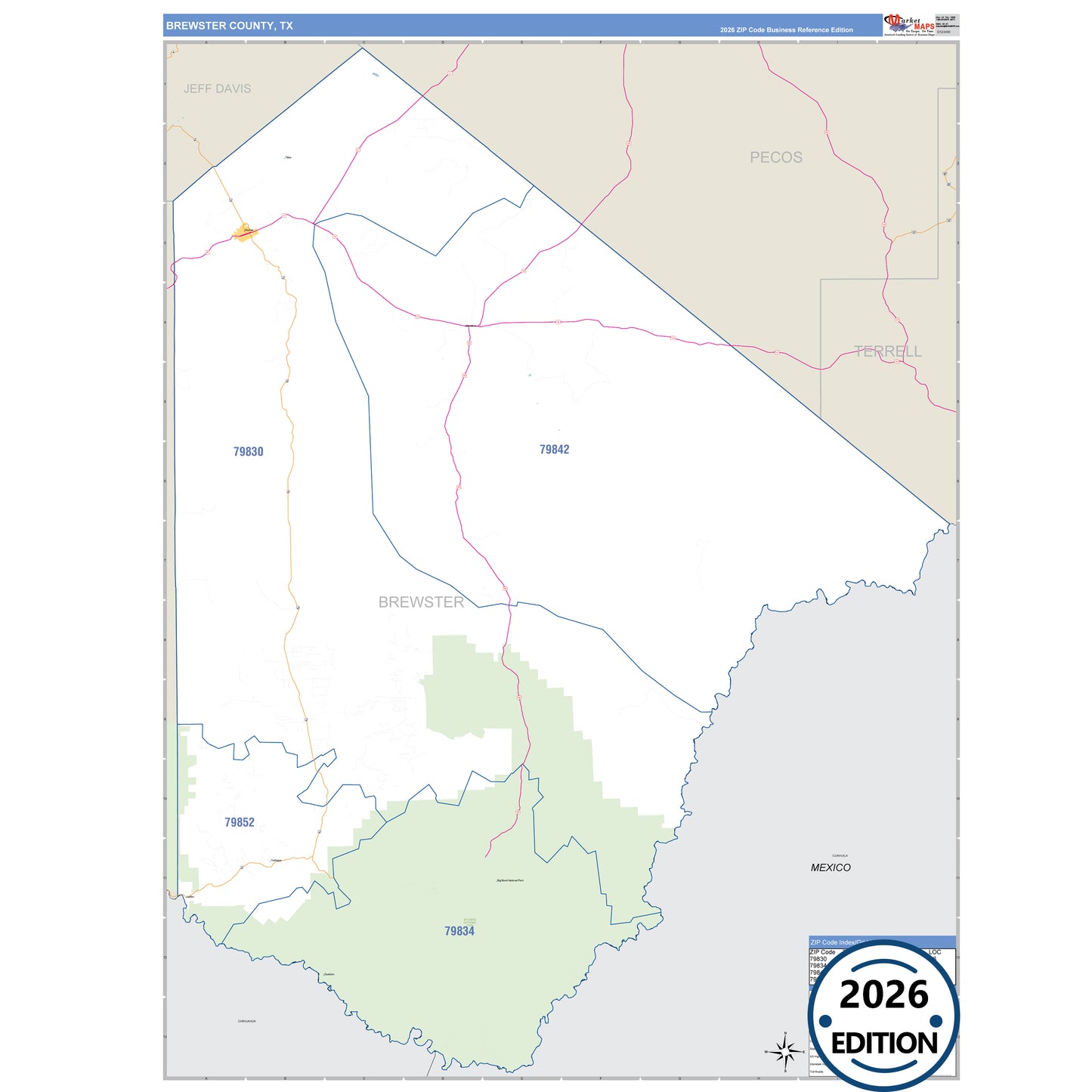Brewster County, TX Business Reference 5 Digit ZIP Code Wall Map