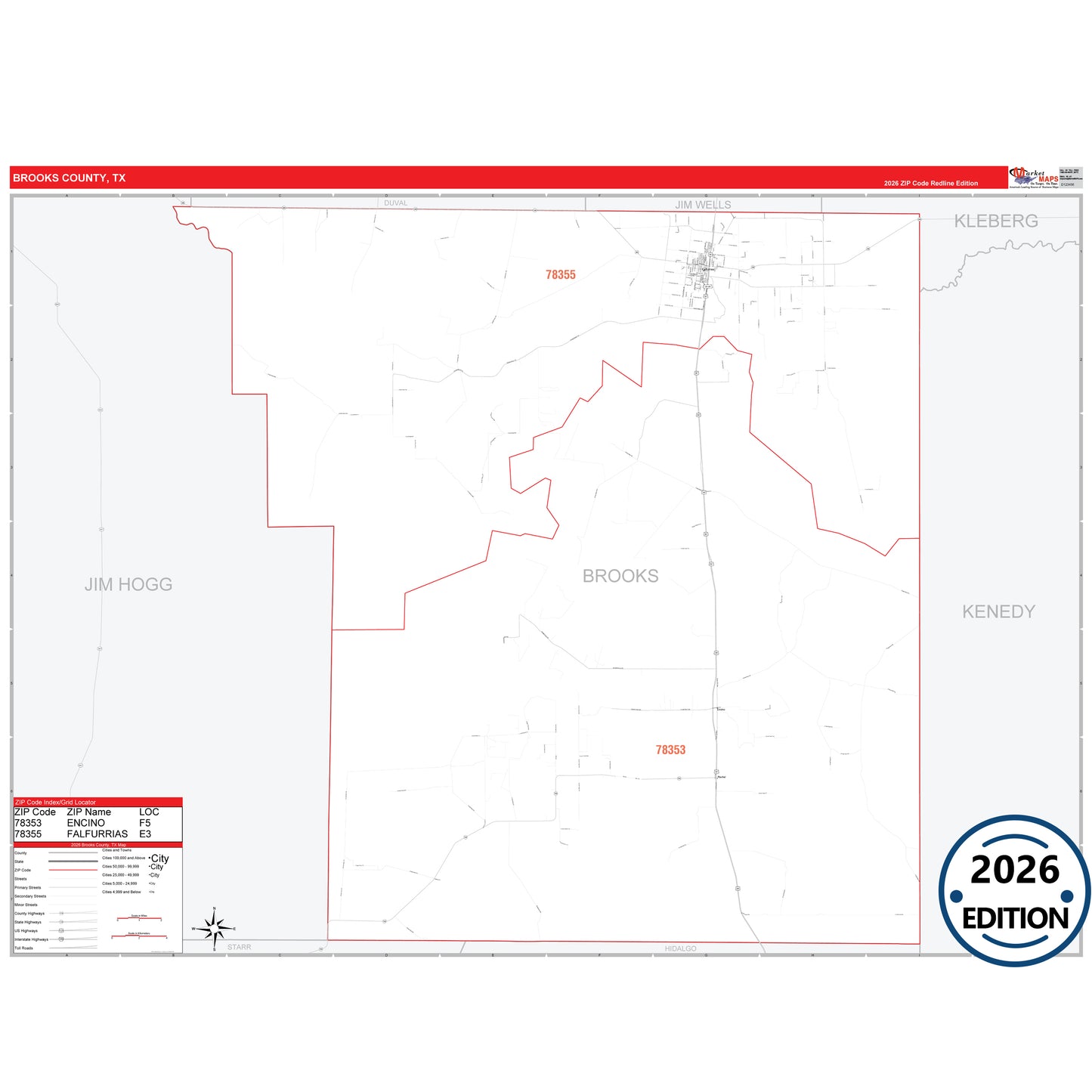 Brooks County, TX Red Line 5 Digit ZIP Code Wall Map