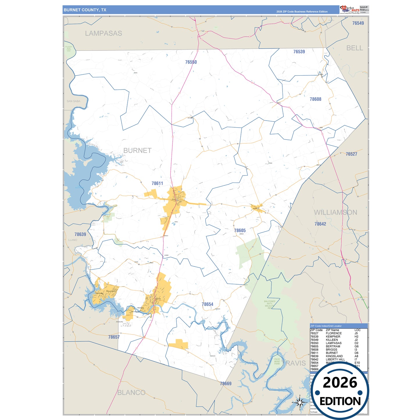 Burnet County, TX Business Reference 5 Digit ZIP Code Wall Map