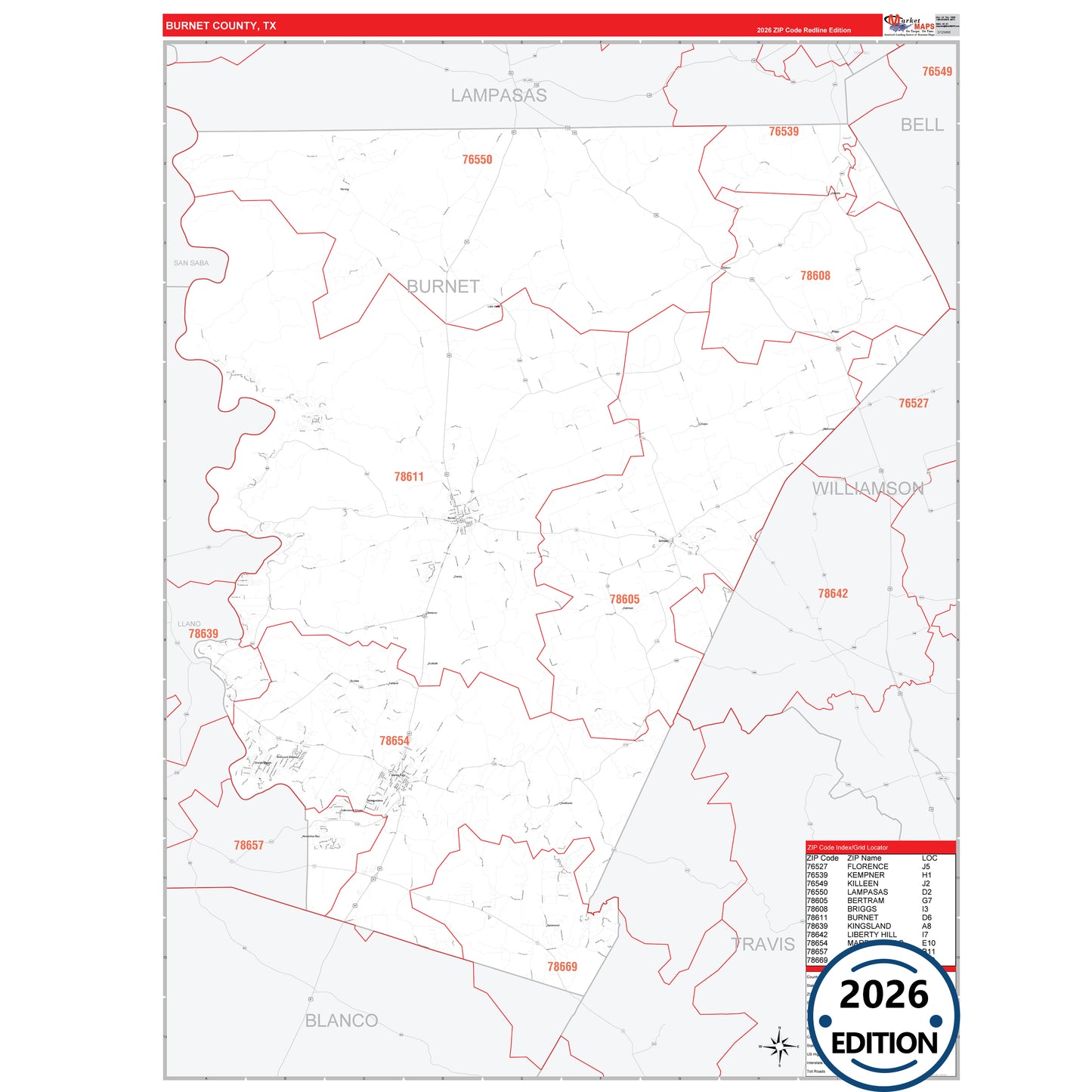 Burnet County, TX Red Line 5 Digit ZIP Code Wall Map