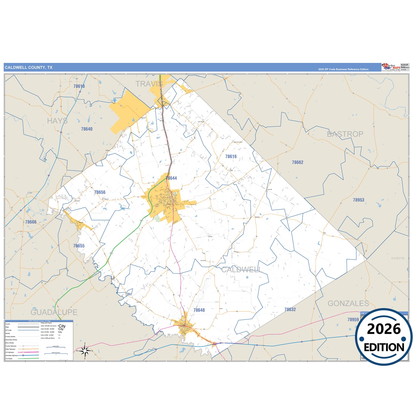 Caldwell County, TX Business Reference 5 Digit ZIP Code Wall Map