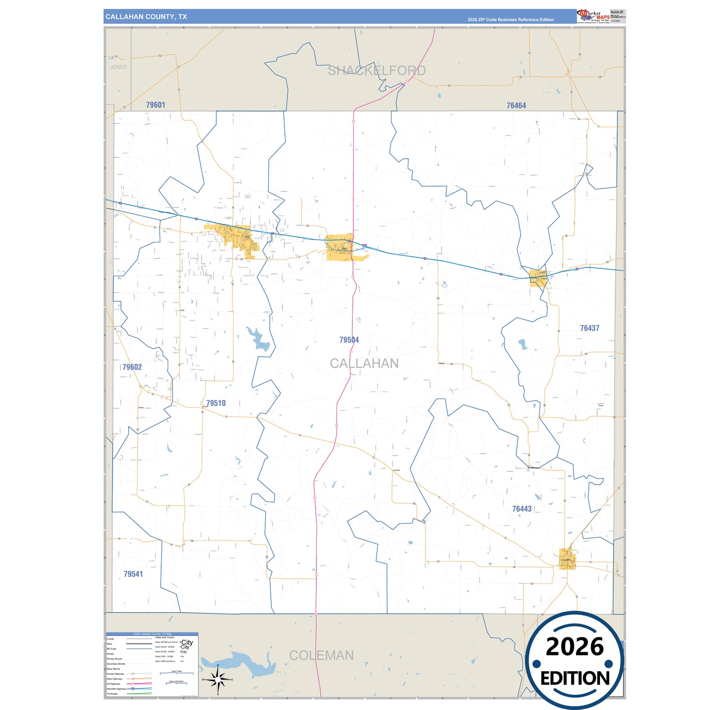 Callahan County, TX Business Reference 5 Digit ZIP Code Wall Map