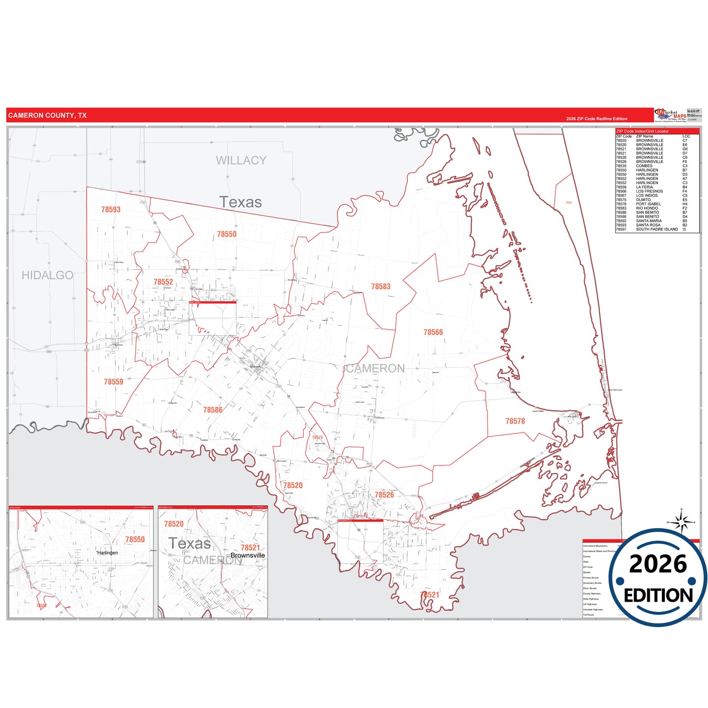 Cameron County, TX Red Line 5 Digit ZIP Code Wall Map