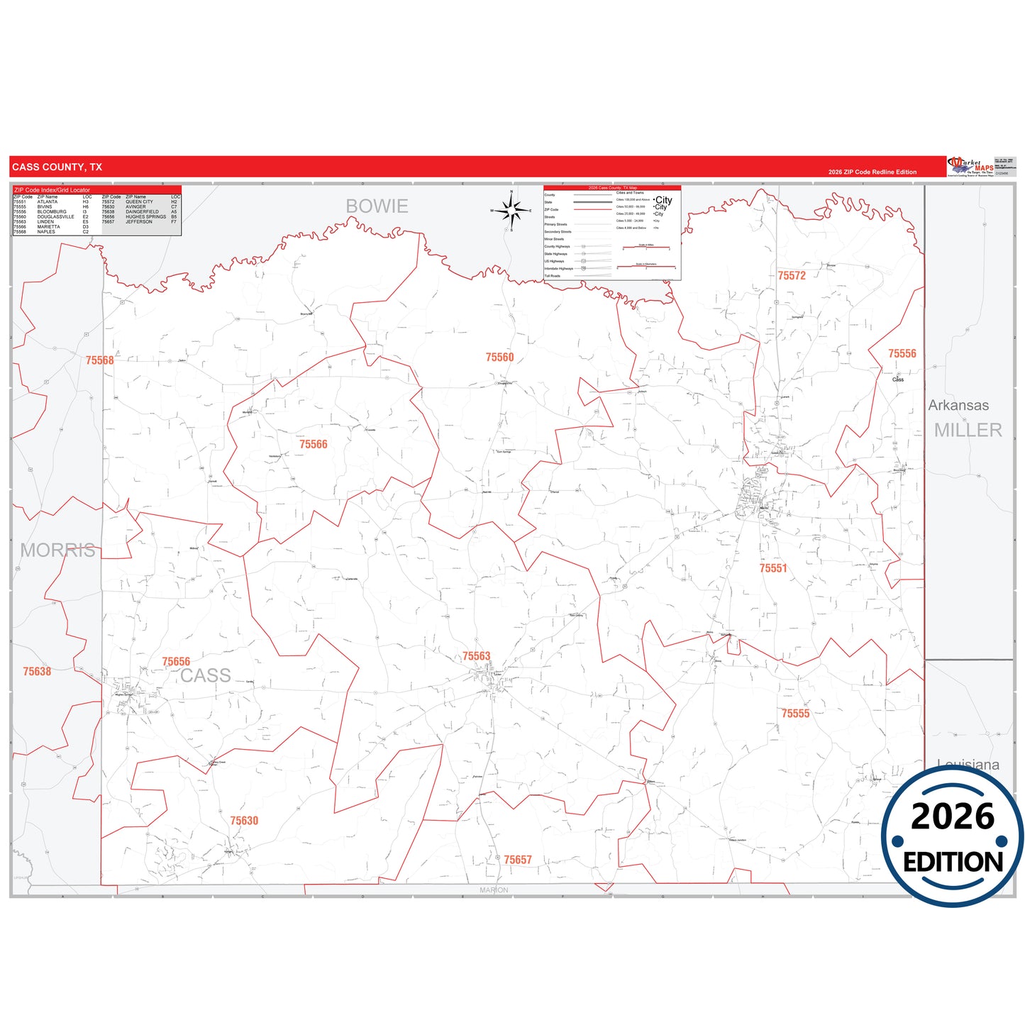 Cass County, TX Red Line 5 Digit ZIP Code Wall Map