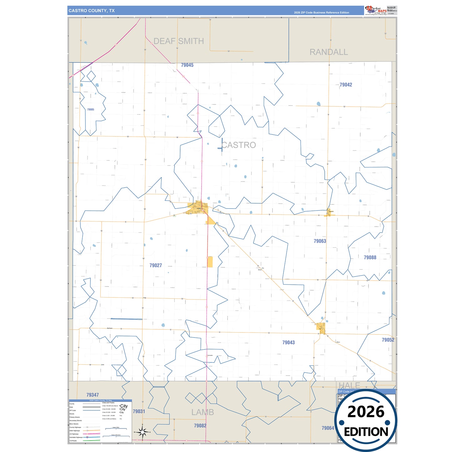 Castro County, TX Business Reference 5 Digit ZIP Code Wall Map