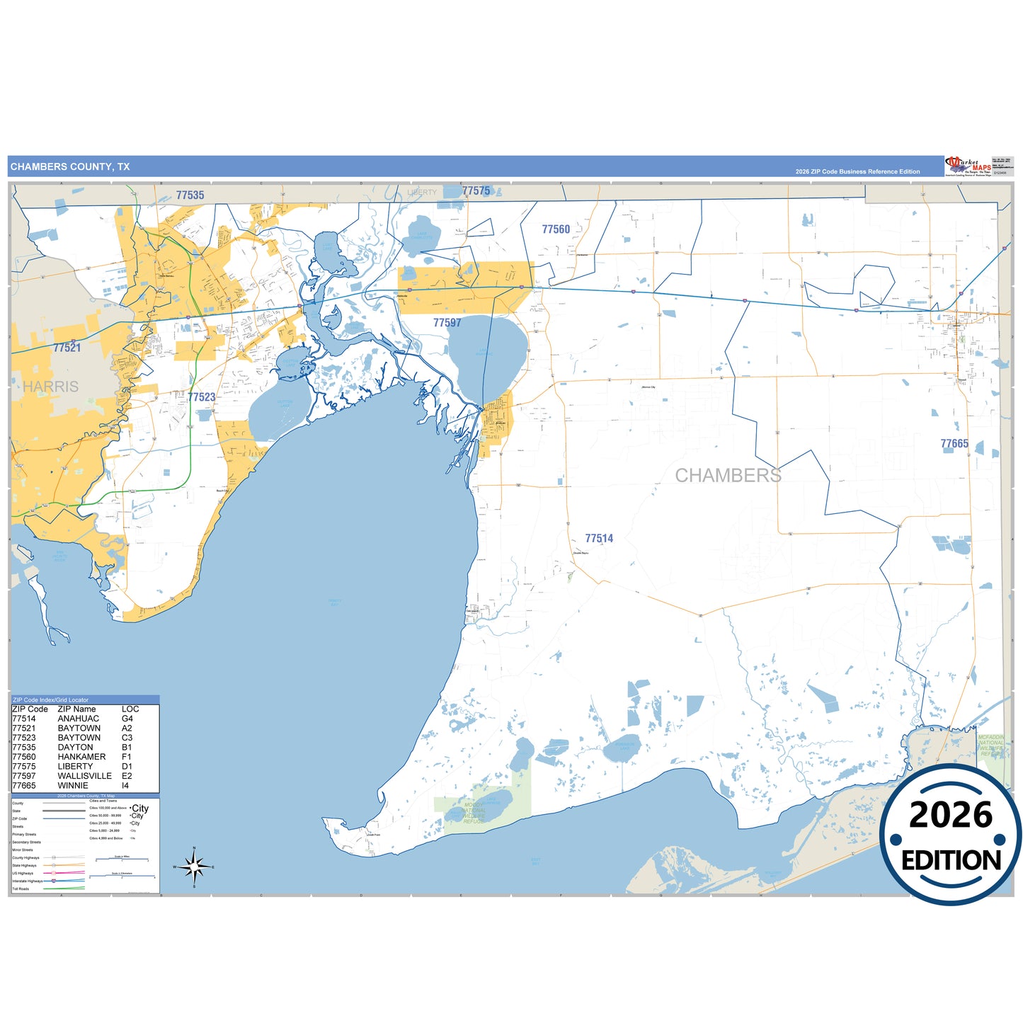 Chambers County, TX Business Reference 5 Digit ZIP Code Wall Map