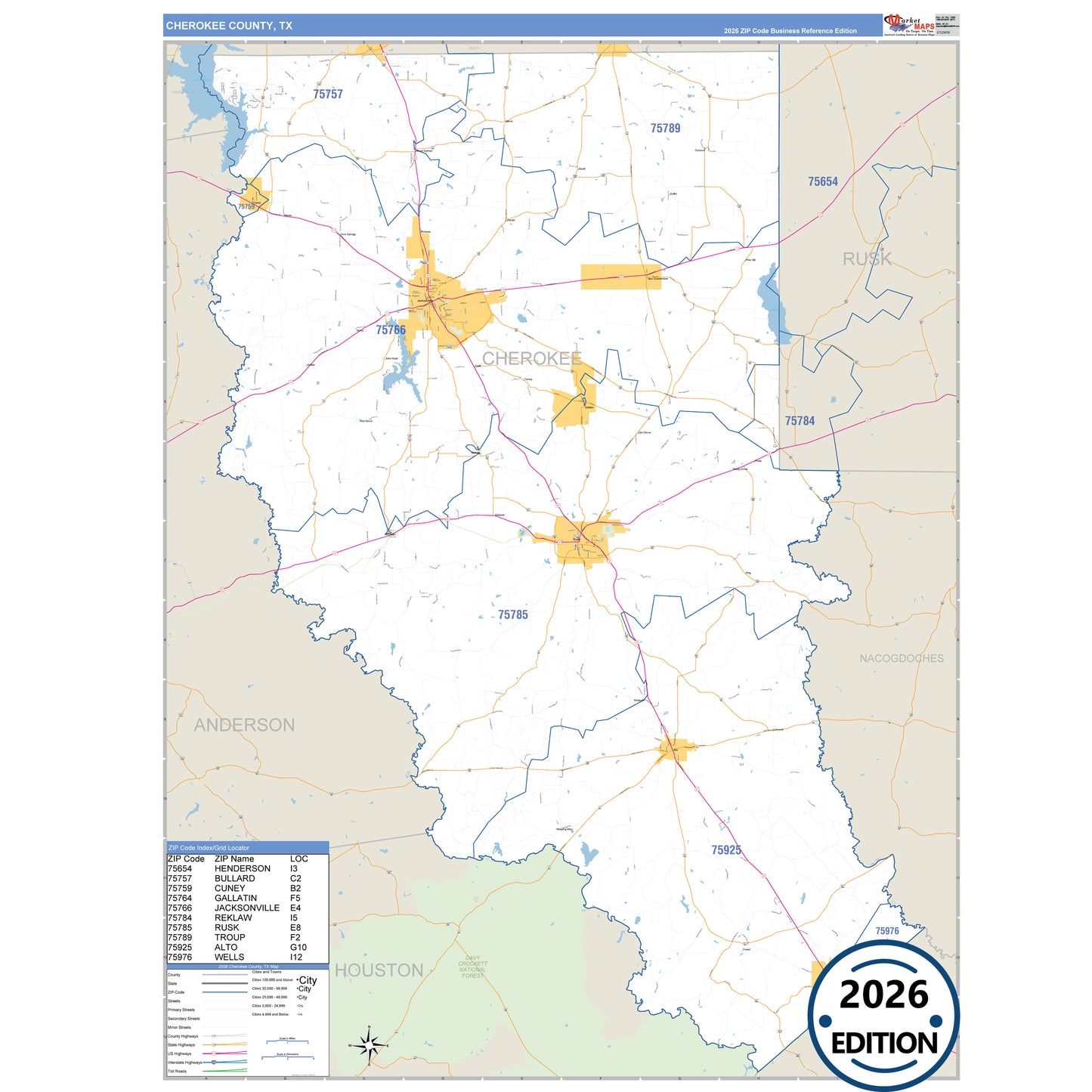 Cherokee County, TX Business Reference 5 Digit ZIP Code Wall Map