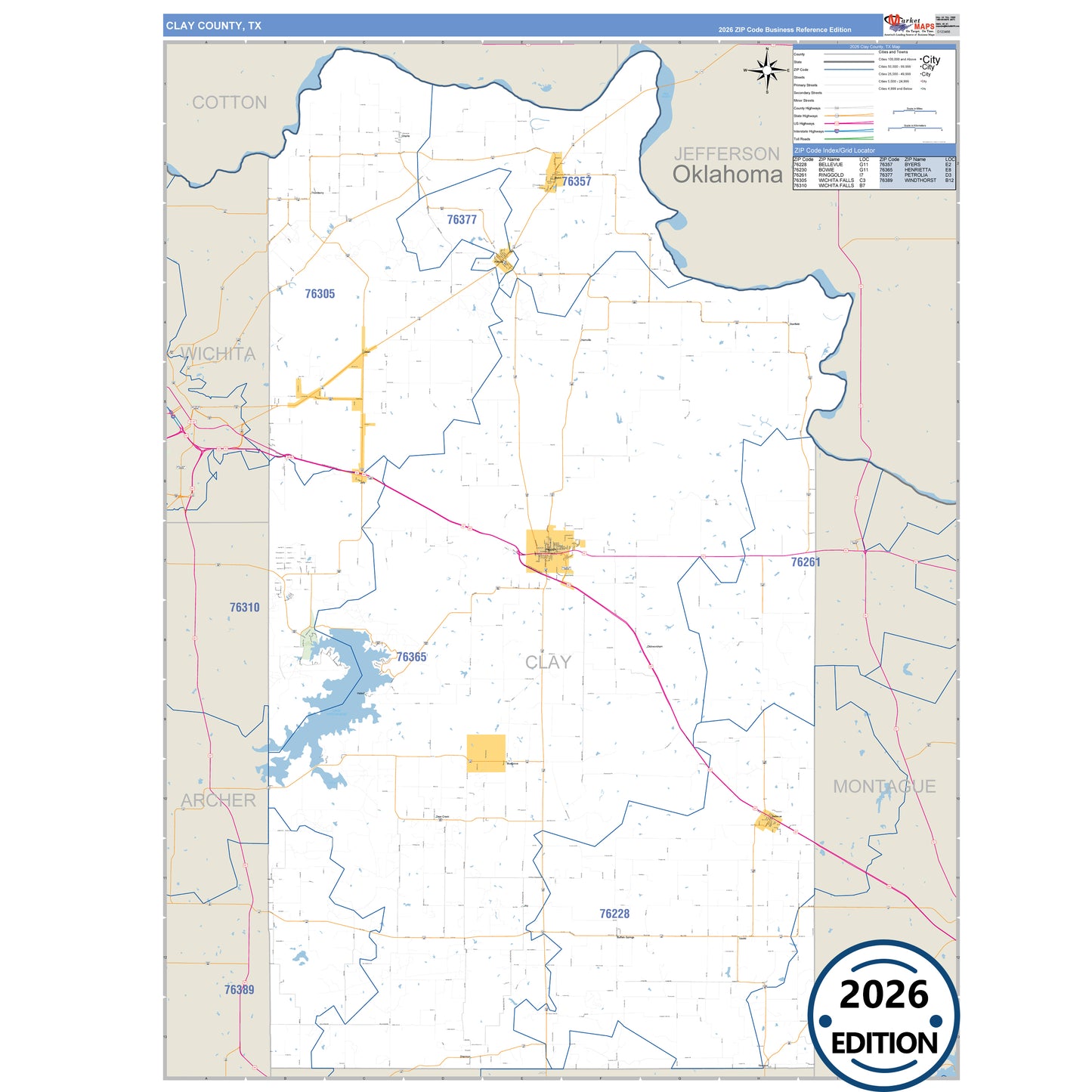 Clay County, TX Business Reference 5 Digit ZIP Code Wall Map