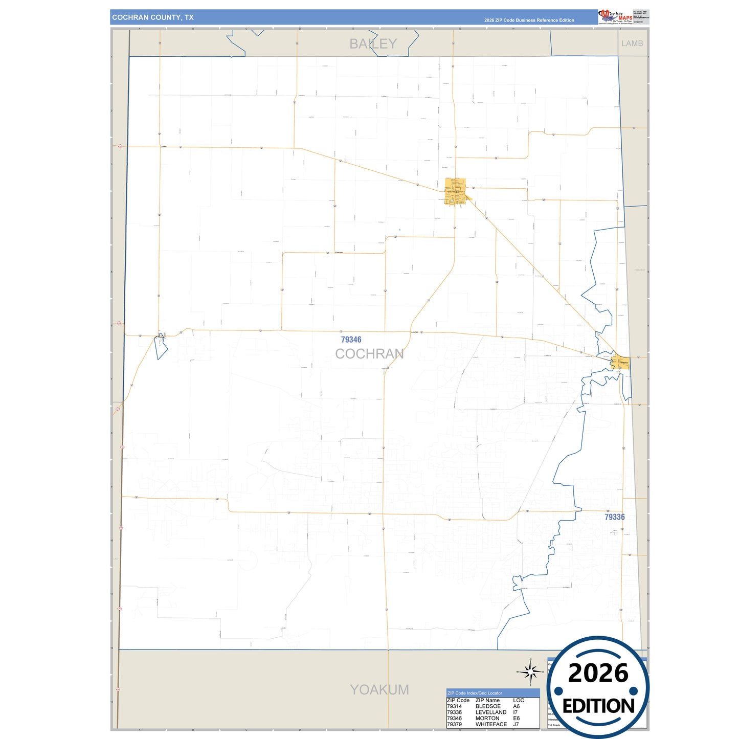Cochran County, TX Business Reference 5 Digit ZIP Code Wall Map