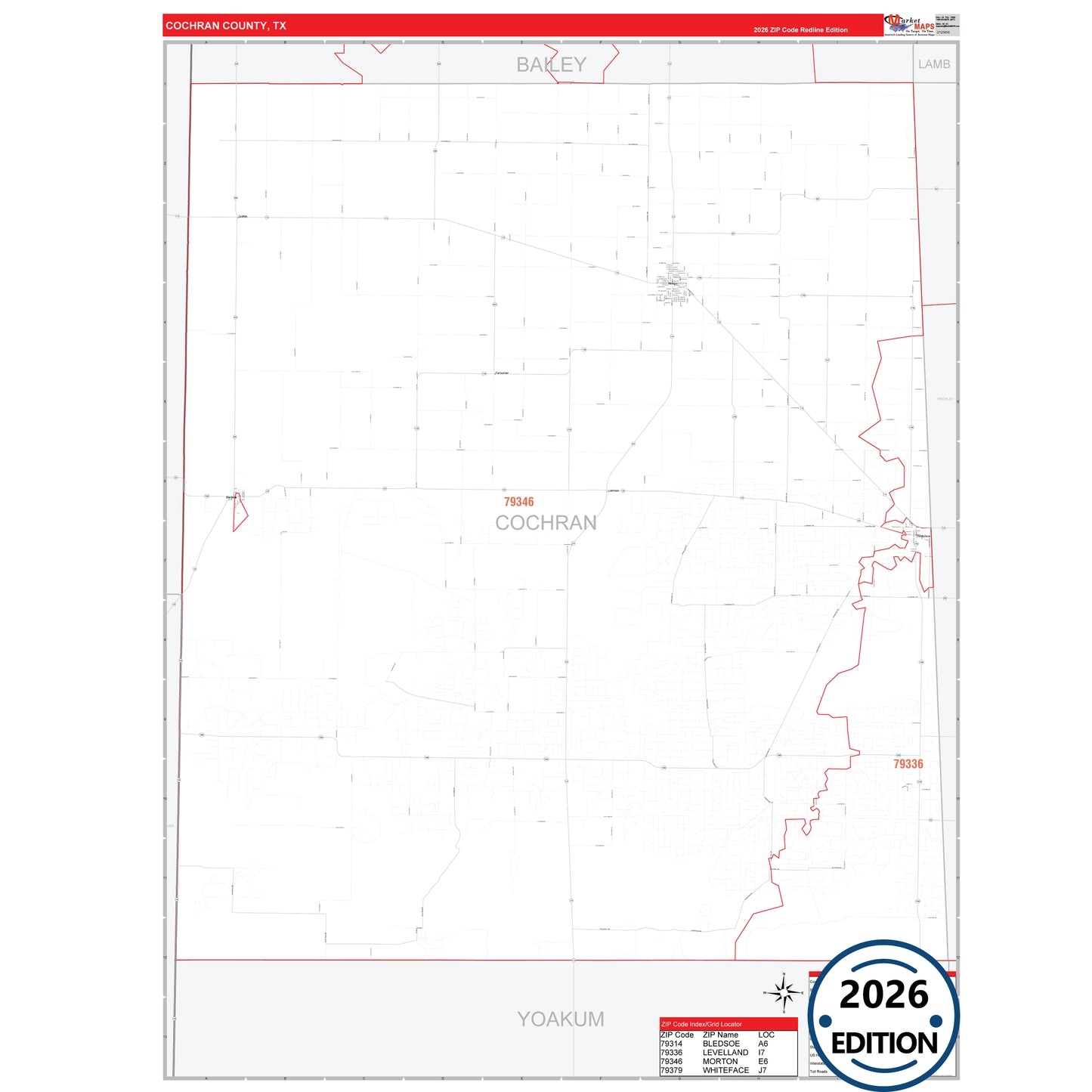 Cochran County, TX Red Line 5 Digit ZIP Code Wall Map
