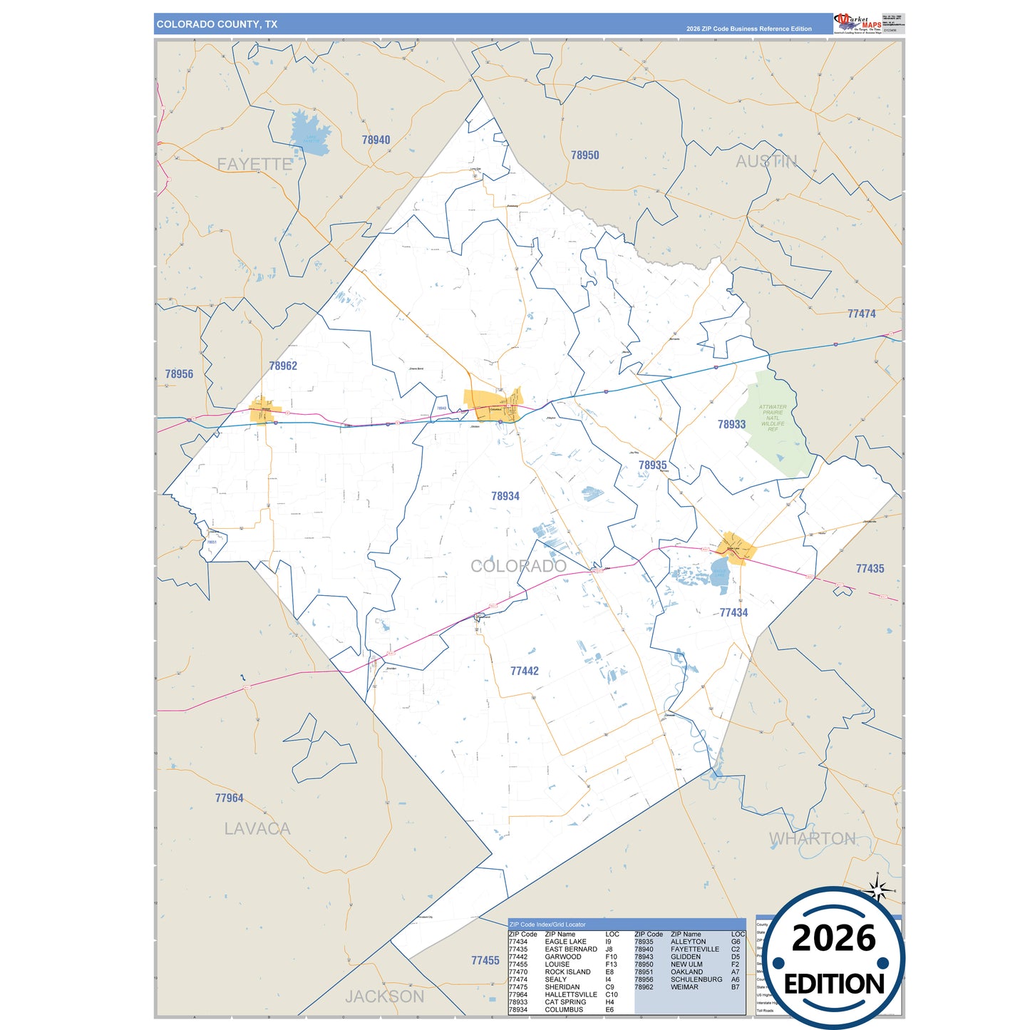 Colorado County, TX Business Reference 5 Digit ZIP Code Wall Map