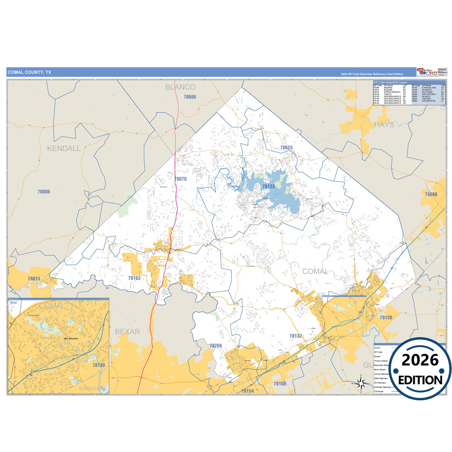 Comal County, TX Business Reference 5 Digit ZIP Code Wall Map