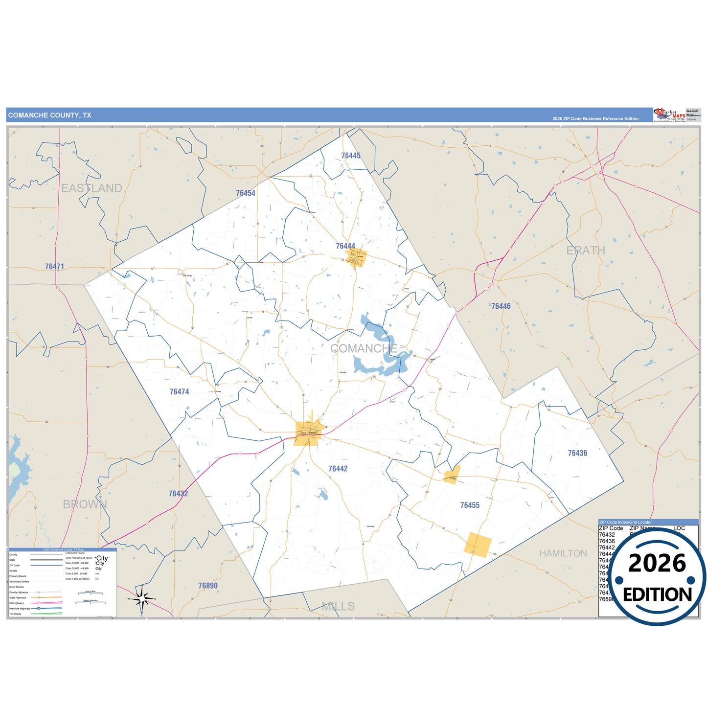 Comanche County, TX Business Reference 5 Digit ZIP Code Wall Map